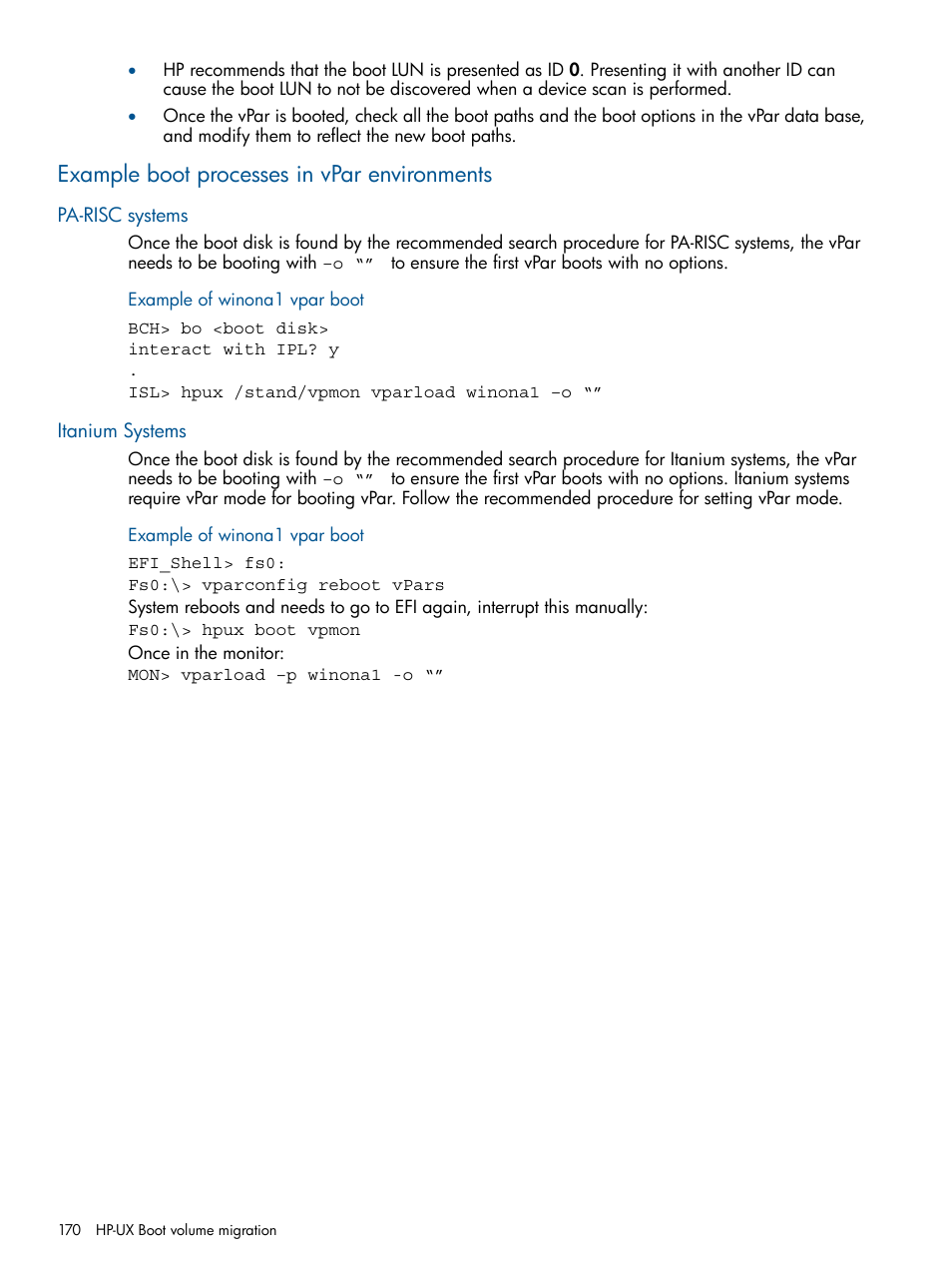 Example boot processes in vpar environments, Pa-risc systems, Example of winona1 vpar boot | Itanium systems | HP MPX200 Multifunction Router User Manual | Page 170 / 180