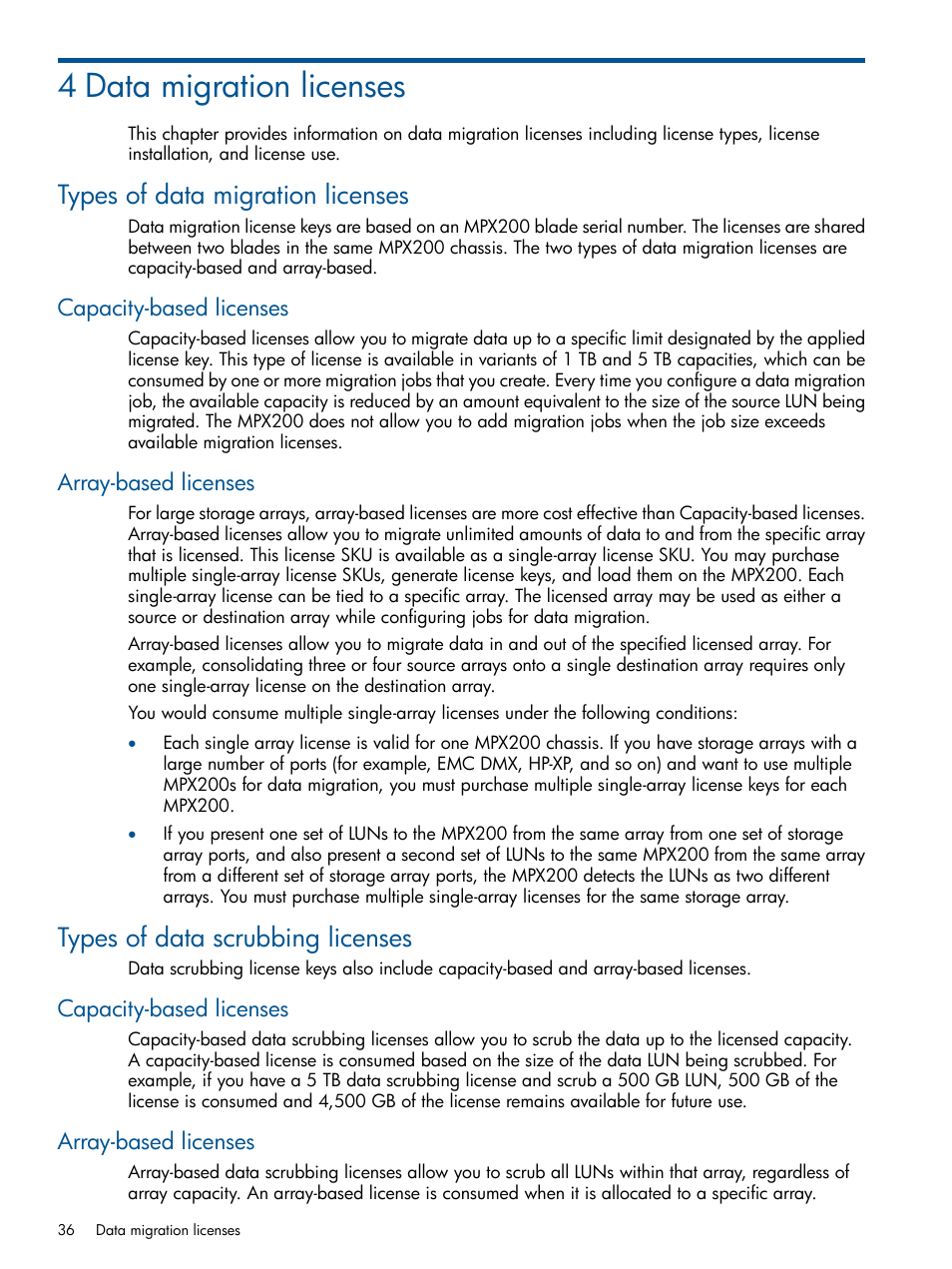 4 data migration licenses, Types of data migration licenses, Capacity-based licenses | Array-based licenses, Types of data scrubbing licenses, Capacity-based licenses array-based licenses | HP MPX200 Multifunction Router User Manual | Page 36 / 180