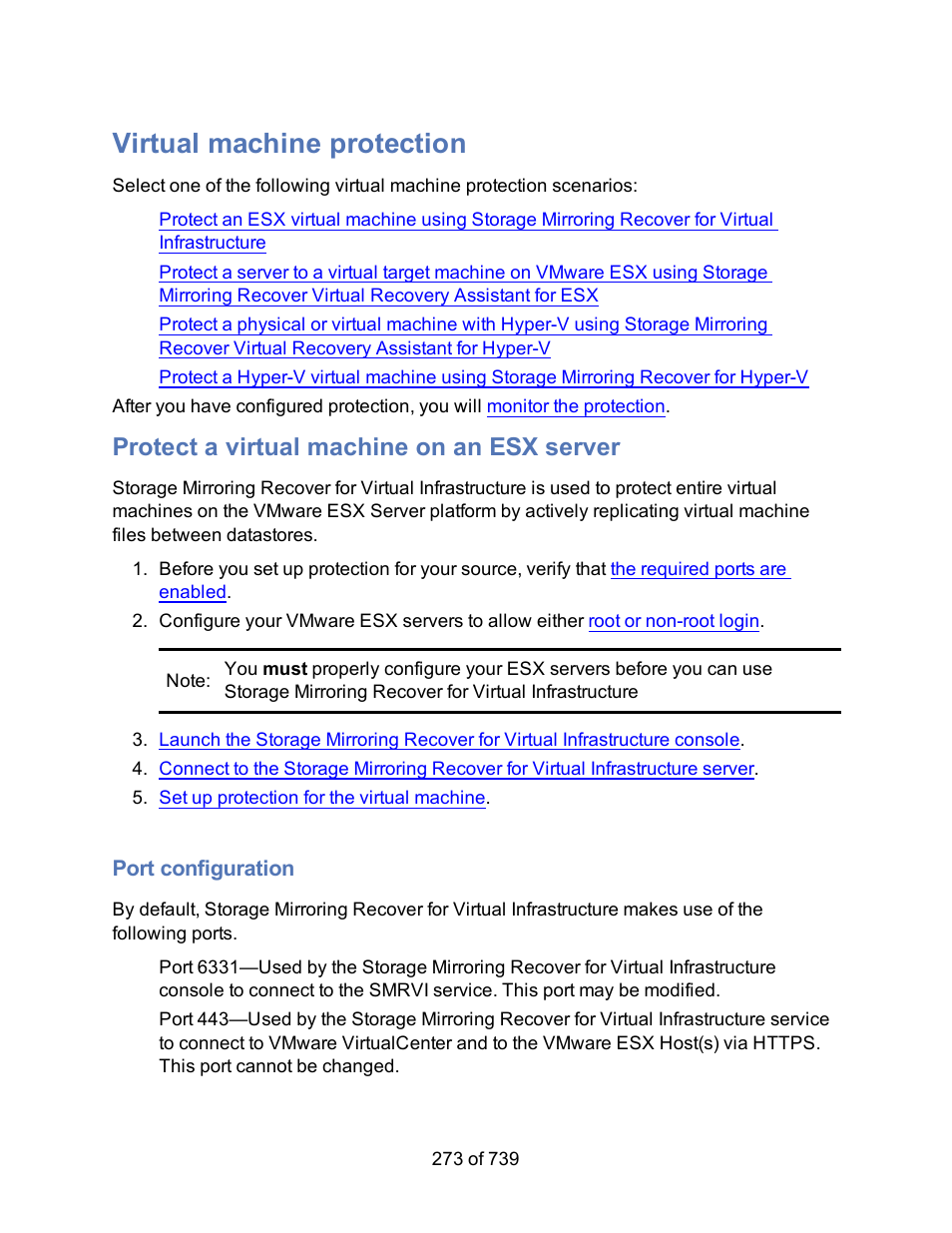 Virtual machine protection, Protect a virtual machine on an esx server, Port configuration | Configuring ports, Virtual servers | HP Storage Mirroring Software User Manual | Page 275 / 741