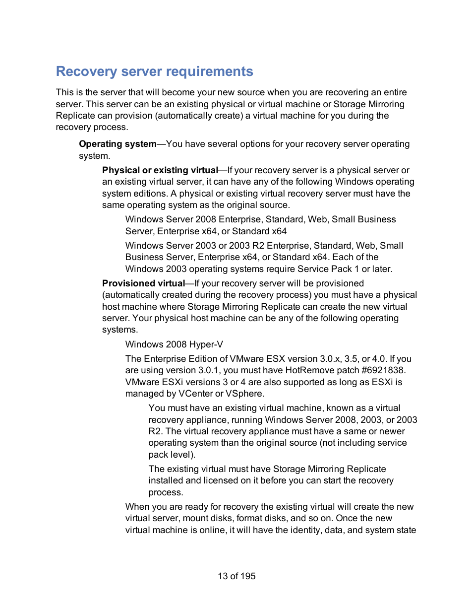 Recovery server requirements | HP Storage Mirroring Software User Manual | Page 15 / 197