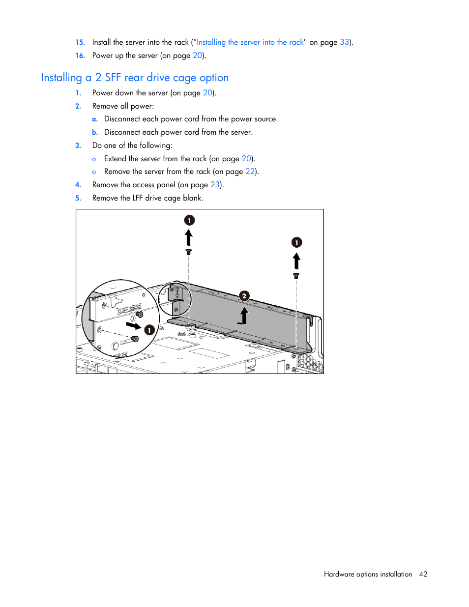 Installing a 2 sff rear drive cage option | HP ProLiant DL380e Gen8 Server User Manual | Page 42 / 142