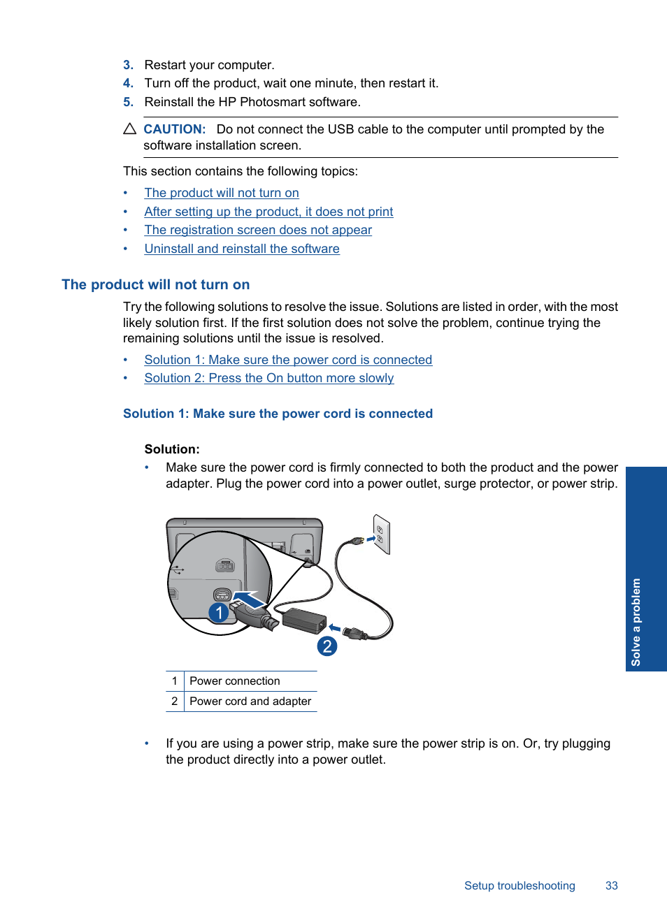 The product will not turn on | HP Deskjet Ink Advantage Printer - K109a User Manual | Page 35 / 58