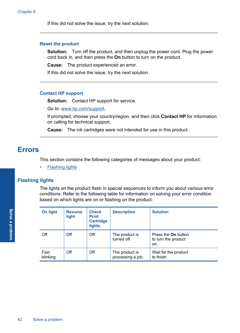 Errors, Flashing lights, Reset the product | Contact hp support | HP Deskjet Ink Advantage Printer - K109a User Manual | Page 44 / 58
