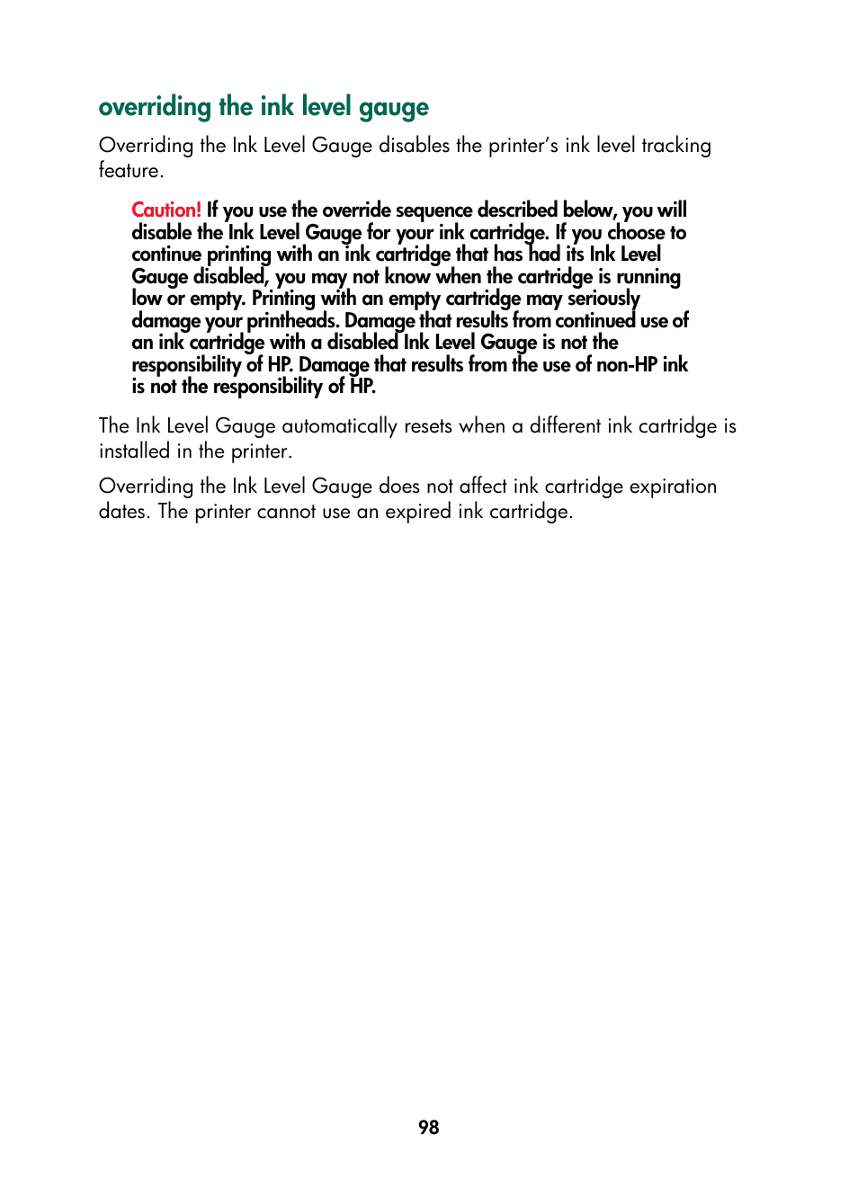 Overriding the ink level gauge, See the caution statement in | HP Color Inkjet cp1160 Printer series User Manual | Page 106 / 216