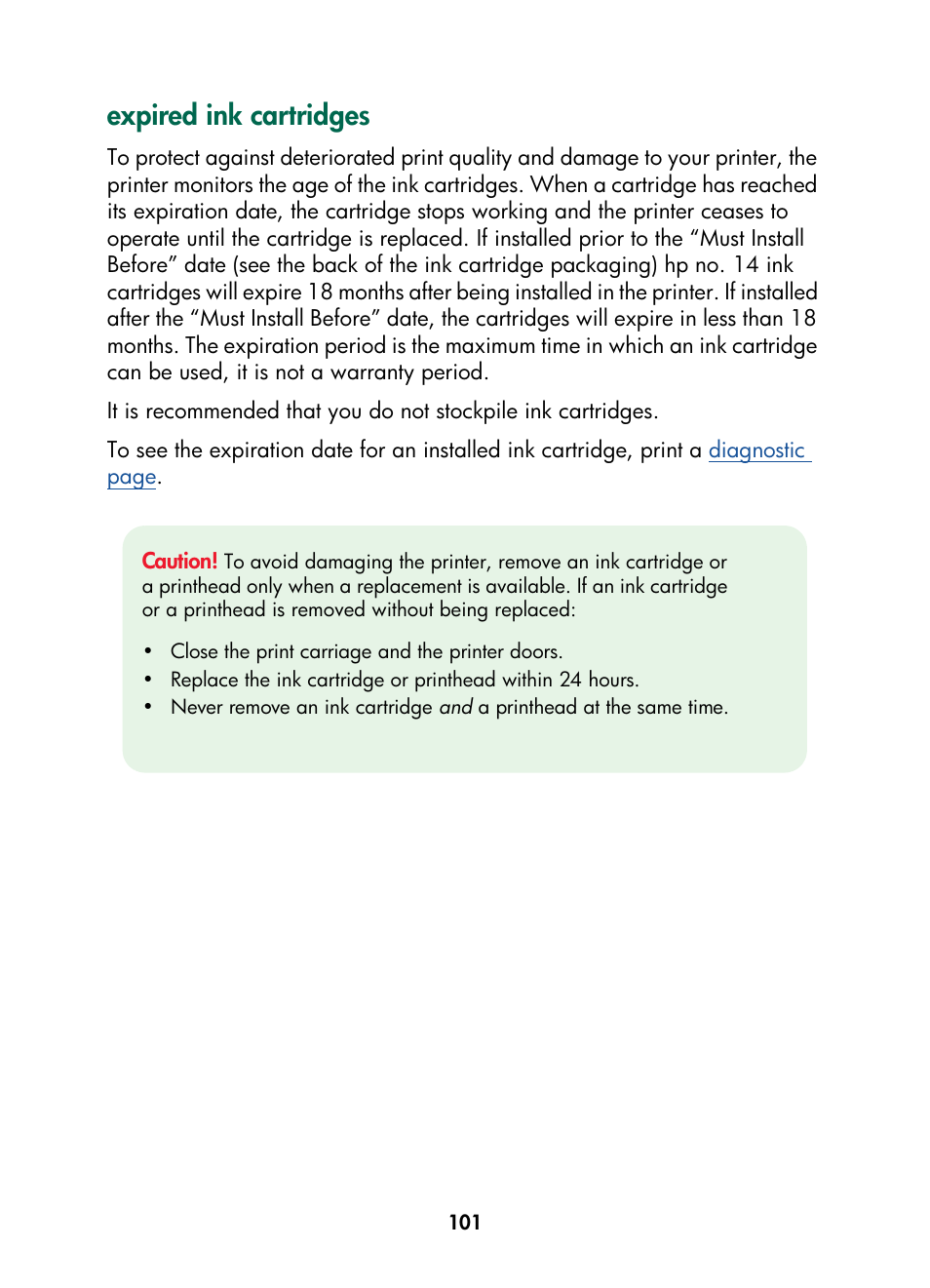 Expired ink cartridges | HP Color Inkjet cp1160 Printer series User Manual | Page 109 / 216