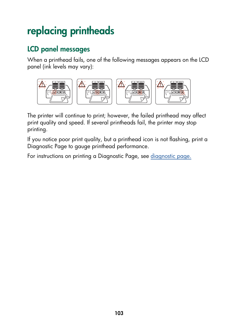 Replacing printheads, Lcd panel messages | HP Color Inkjet cp1160 Printer series User Manual | Page 111 / 216