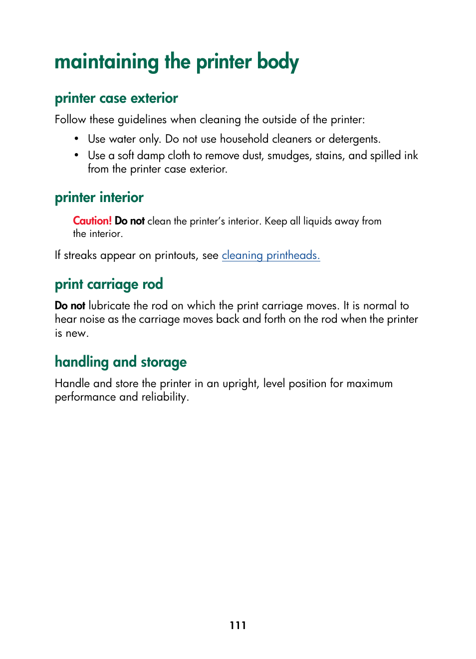 Maintaining the printer body, Printer case exterior, Printer interior | Print carriage rod, Handling and storage | HP Color Inkjet cp1160 Printer series User Manual | Page 119 / 216