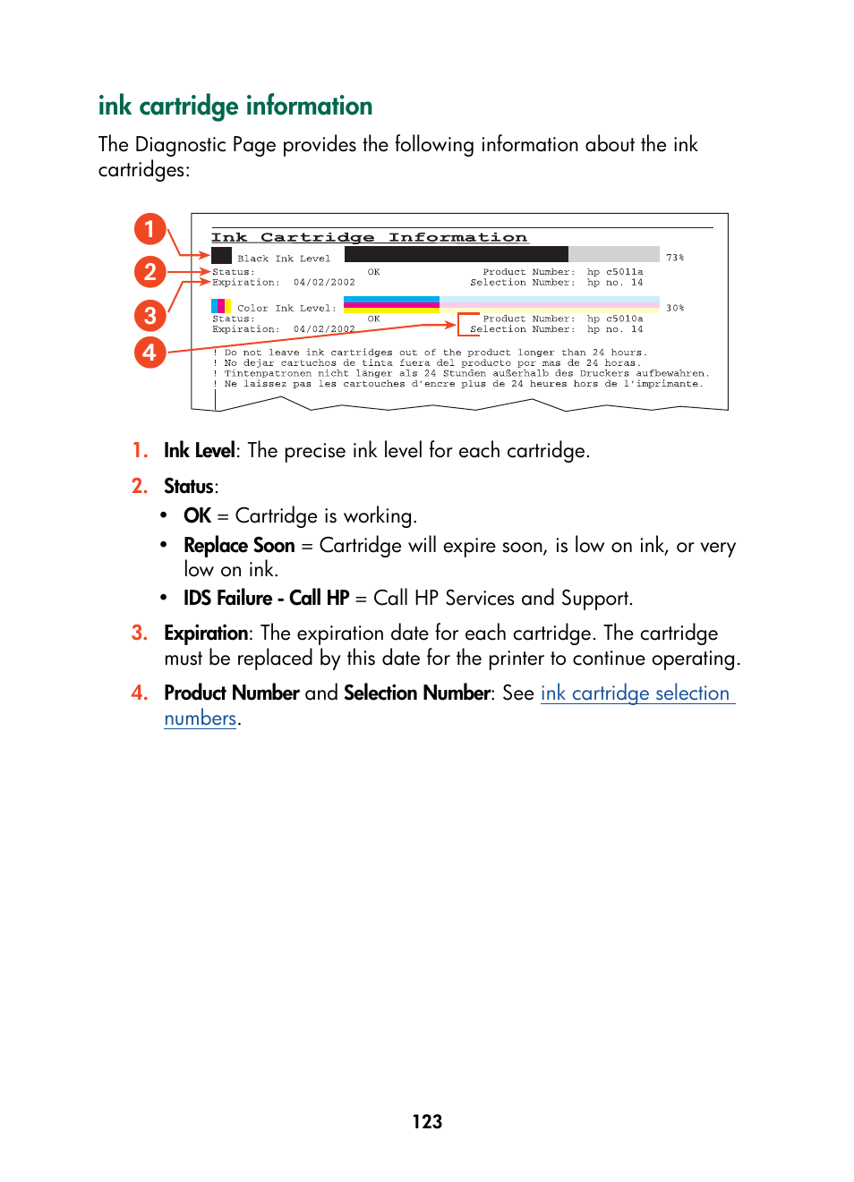 Ink cartridge information, ᕡᕢ ᕣ ᕤ | HP Color Inkjet cp1160 Printer series User Manual | Page 131 / 216