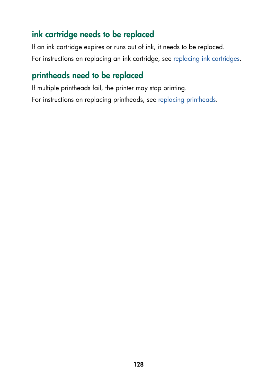 Ink cartridge needs to be replaced, Printheads need to be replaced | HP Color Inkjet cp1160 Printer series User Manual | Page 136 / 216