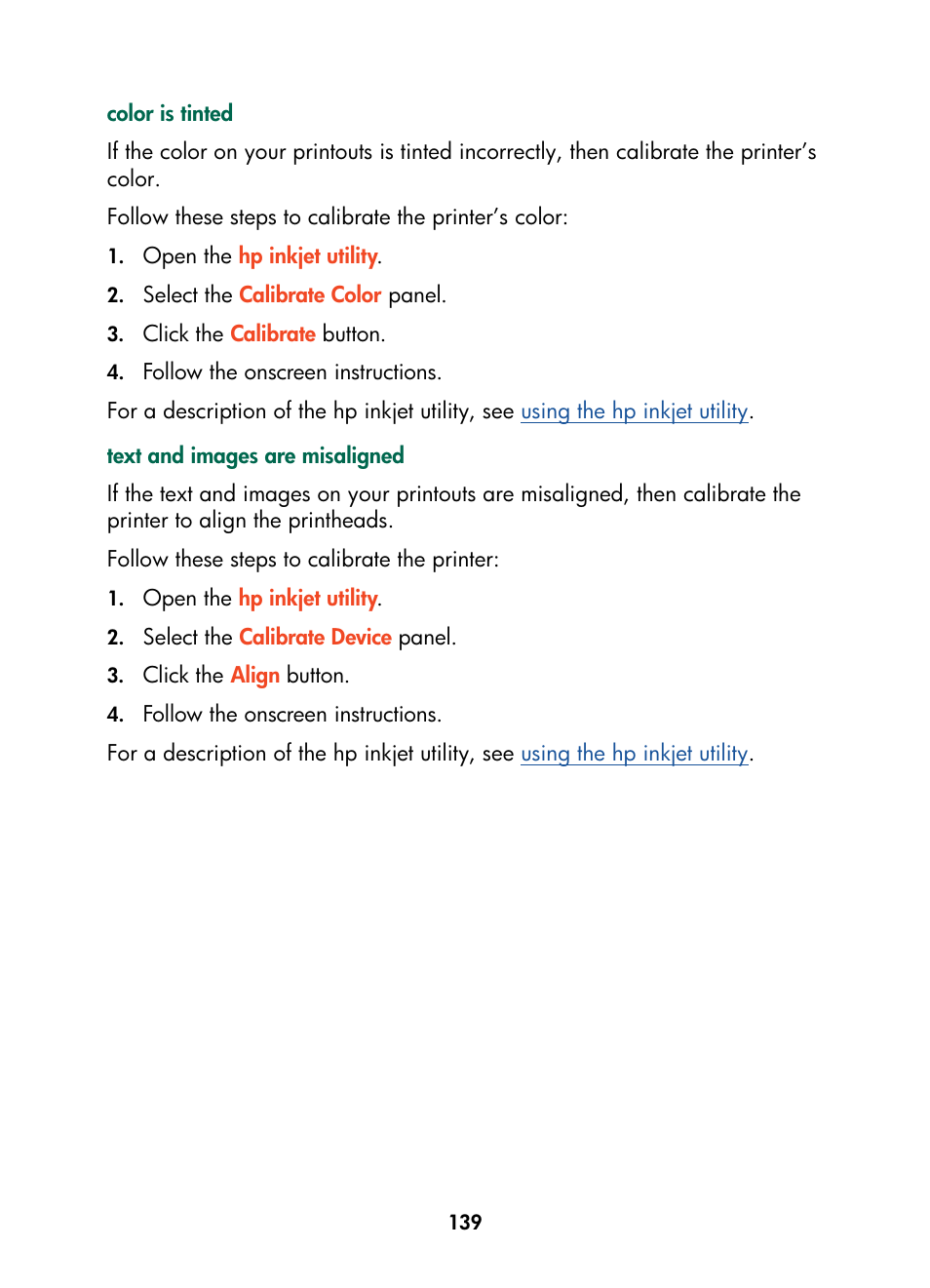 Color is tinted, Text and images are misaligned | HP Color Inkjet cp1160 Printer series User Manual | Page 147 / 216
