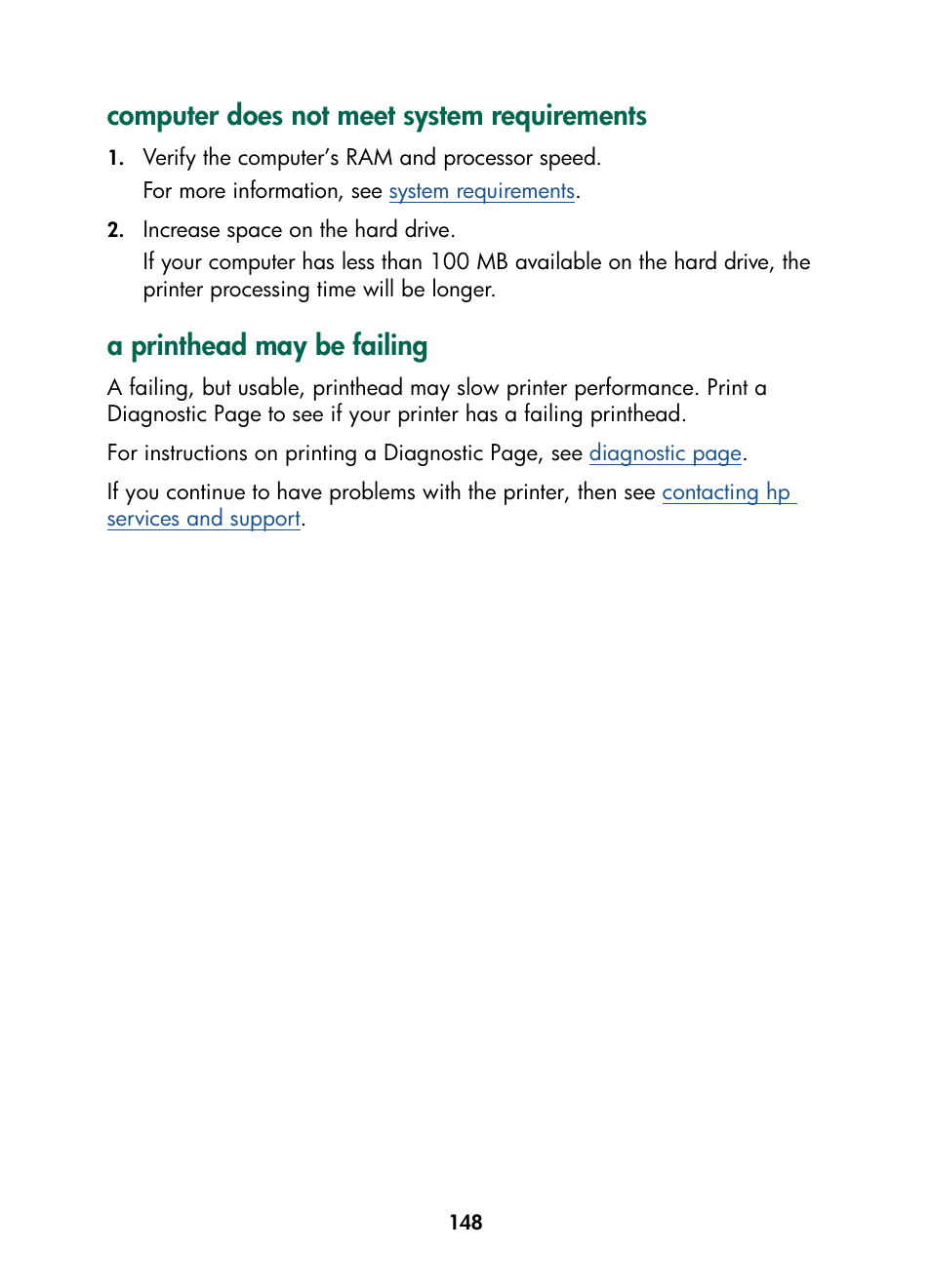 Computer does not meet system requirements, A printhead may be failing | HP Color Inkjet cp1160 Printer series User Manual | Page 156 / 216