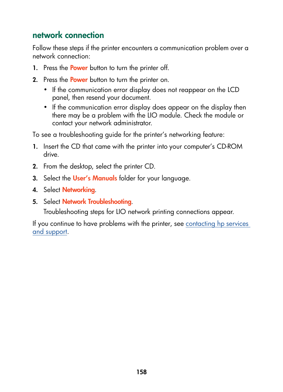 Network connection | HP Color Inkjet cp1160 Printer series User Manual | Page 166 / 216