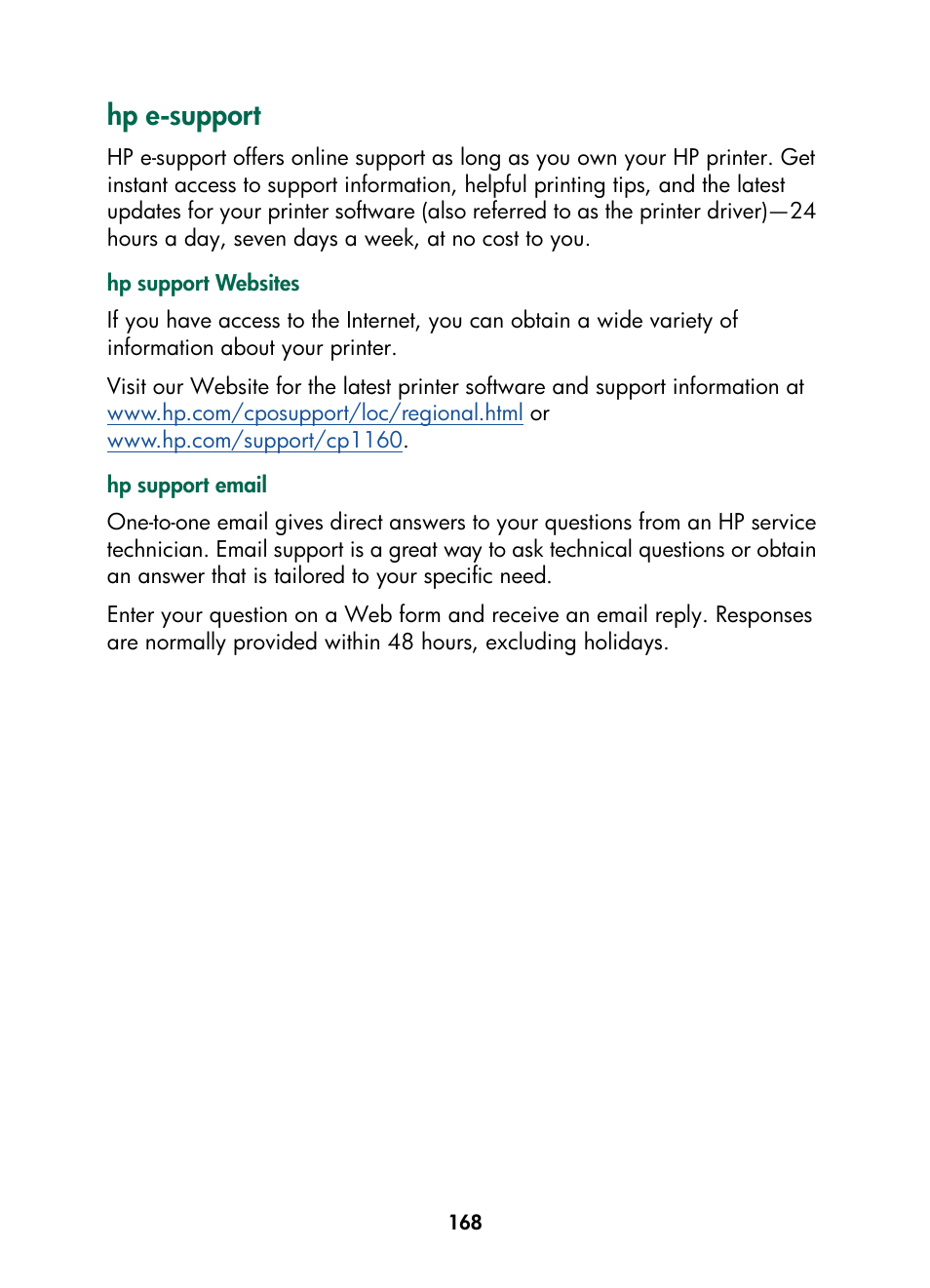 Hp e-support | HP Color Inkjet cp1160 Printer series User Manual | Page 176 / 216