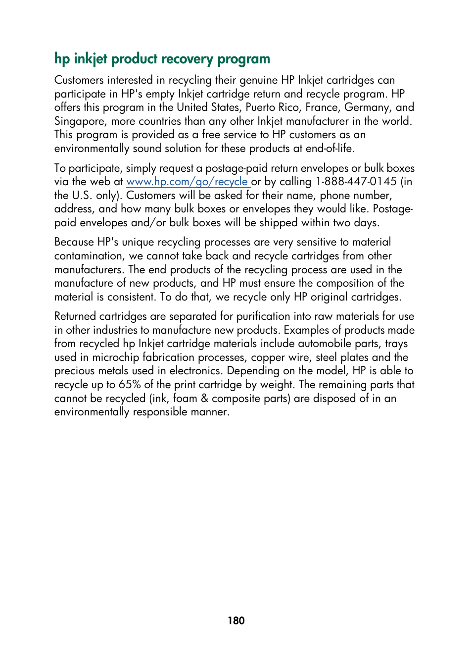 Hp inkjet product recovery program, Hp inkjet, Product recovery program | HP Color Inkjet cp1160 Printer series User Manual | Page 188 / 216