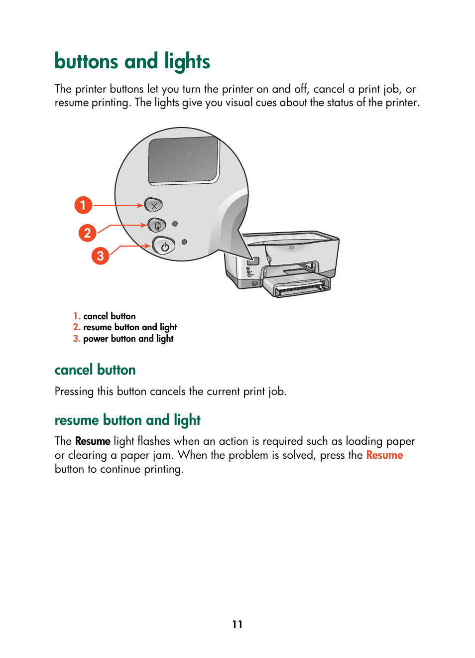 Buttons and lights, Cancel button, Resume button and light | ᕡᕣ ᕢ | HP Color Inkjet cp1160 Printer series User Manual | Page 19 / 216