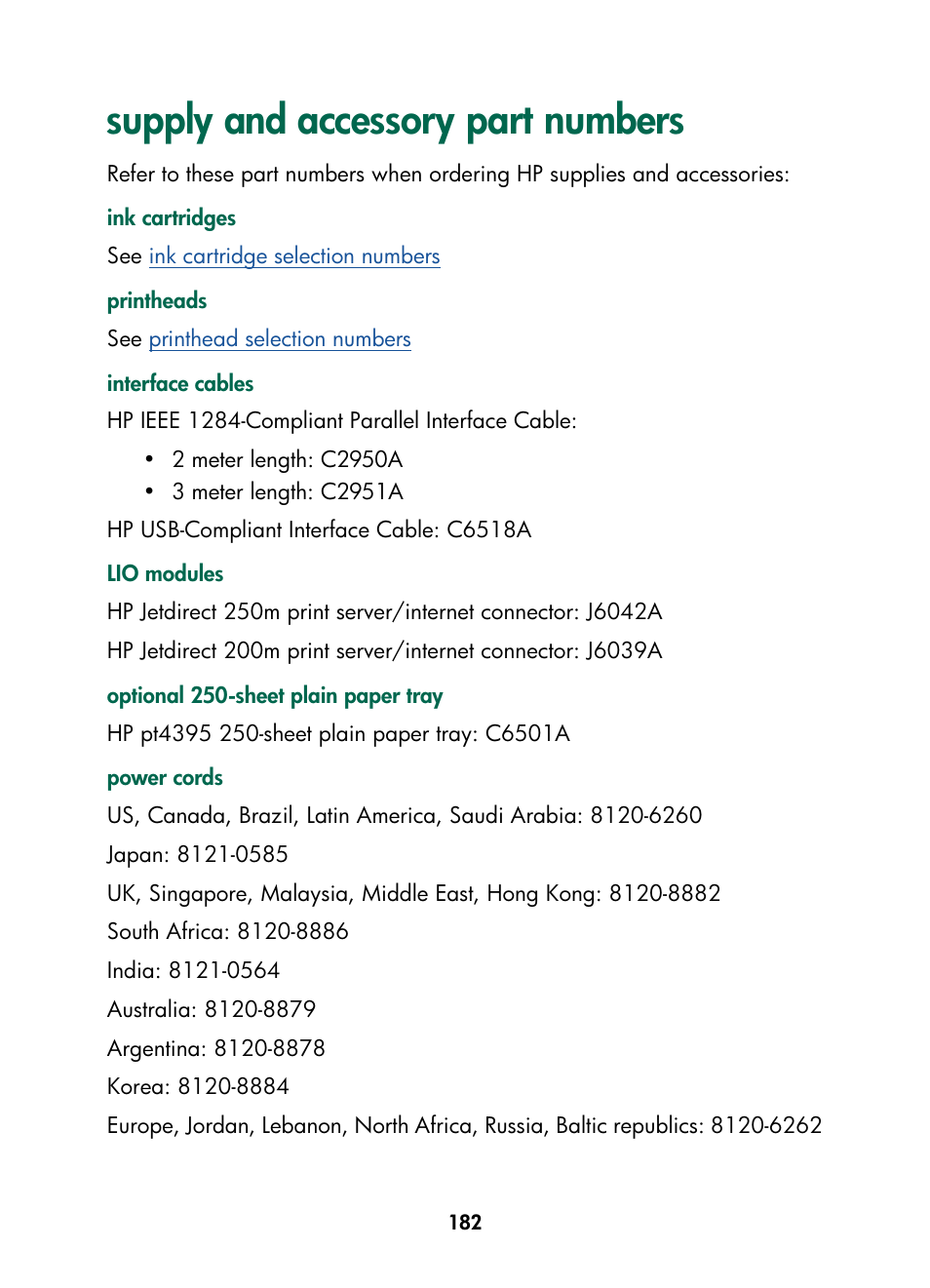 Supply and accessory part numbers | HP Color Inkjet cp1160 Printer series User Manual | Page 190 / 216