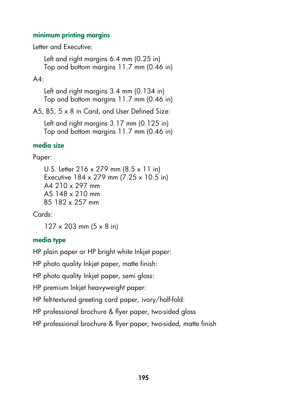 Duplexer media types | HP Color Inkjet cp1160 Printer series User Manual | Page 203 / 216