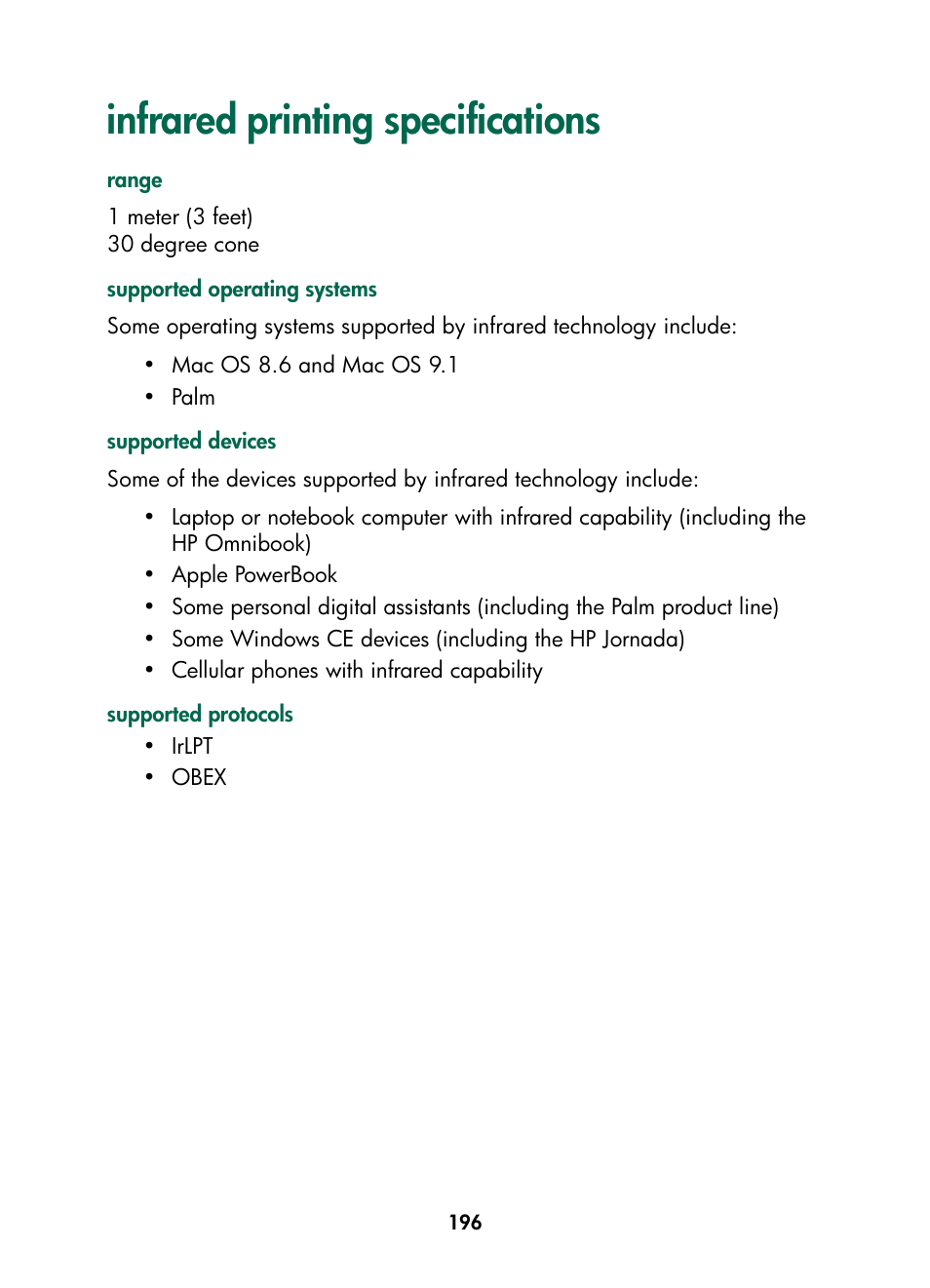 Infrared printing specifications | HP Color Inkjet cp1160 Printer series User Manual | Page 204 / 216