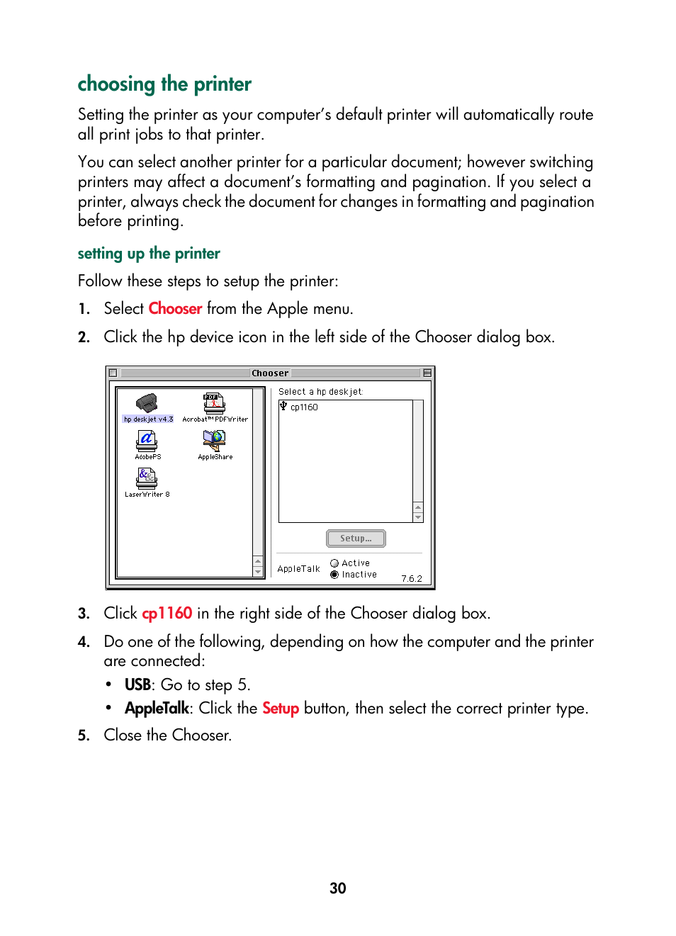 Choosing the printer | HP Color Inkjet cp1160 Printer series User Manual | Page 38 / 216