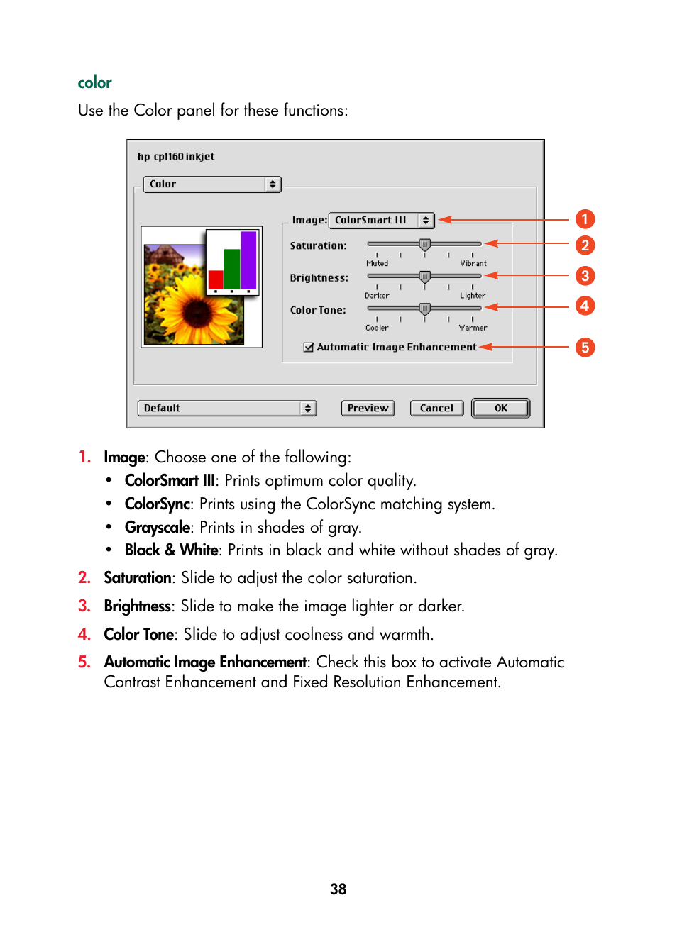 Color, ᕡᕢ ᕣ ᕤ ᕥ | HP Color Inkjet cp1160 Printer series User Manual | Page 46 / 216