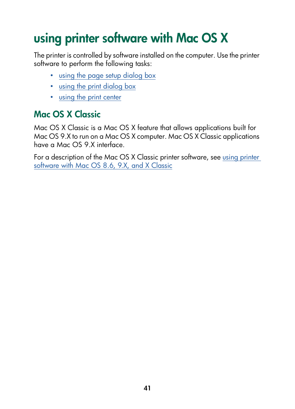 Using printer software with mac os x, Mac os x classic | HP Color Inkjet cp1160 Printer series User Manual | Page 49 / 216