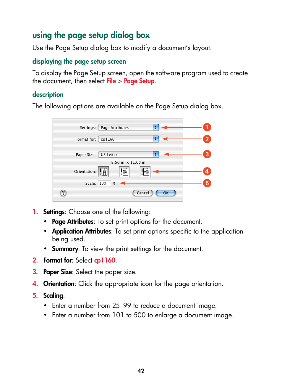 Using the page setup dialog box, ᕣᕤ ᕢ ᕥ ᕡ | HP Color Inkjet cp1160 Printer series User Manual | Page 50 / 216