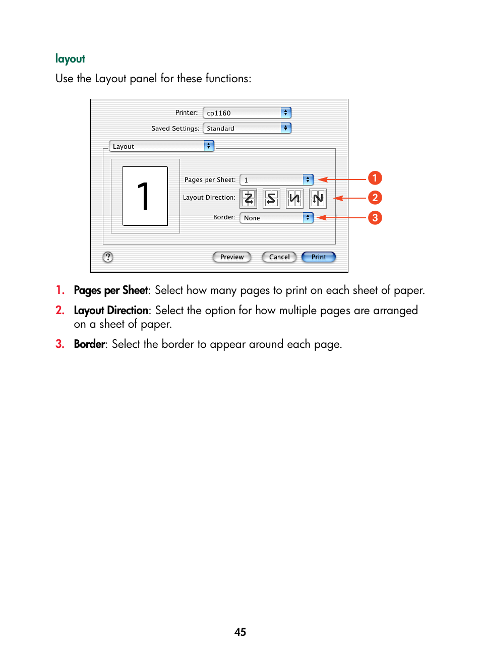 Layout, ᕡ ᕢ ᕣ | HP Color Inkjet cp1160 Printer series User Manual | Page 53 / 216