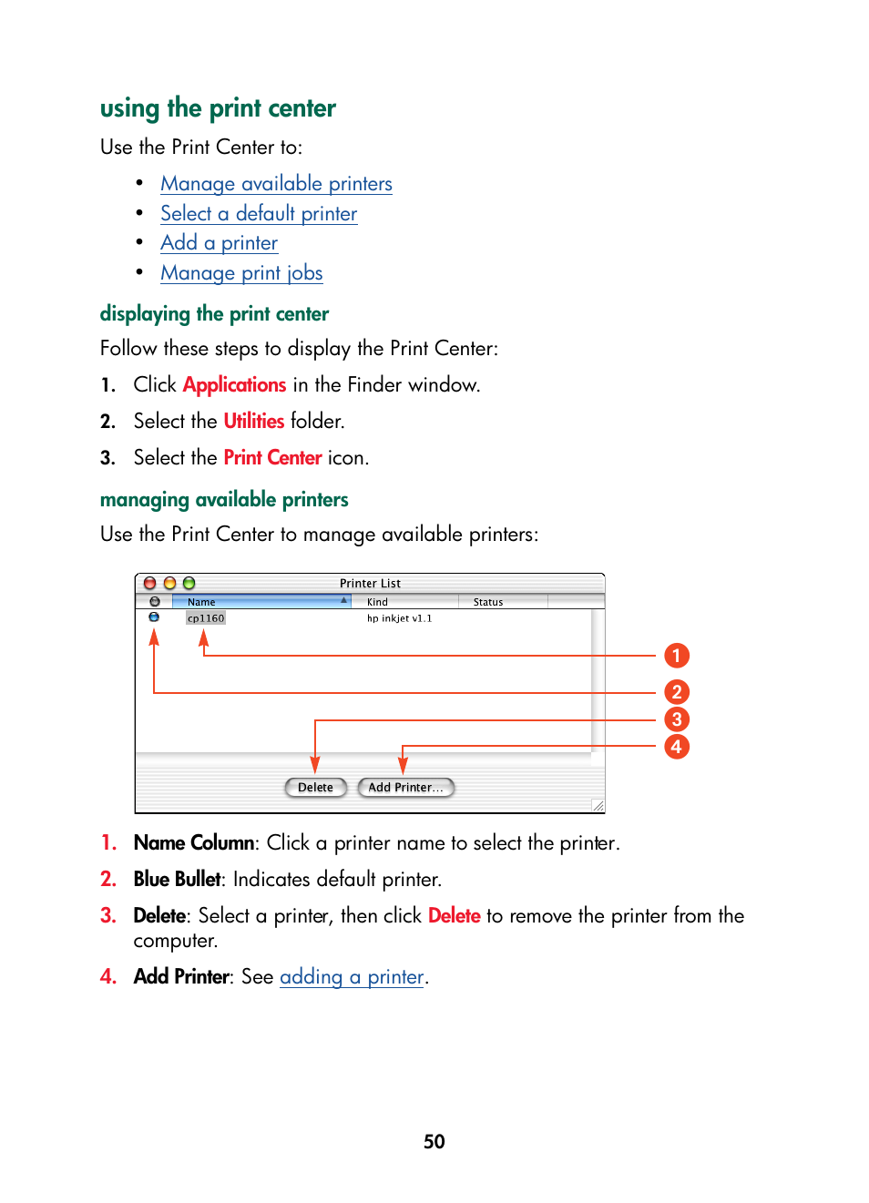 Using the print center, ᕡᕣ ᕤ ᕢ | HP Color Inkjet cp1160 Printer series User Manual | Page 58 / 216