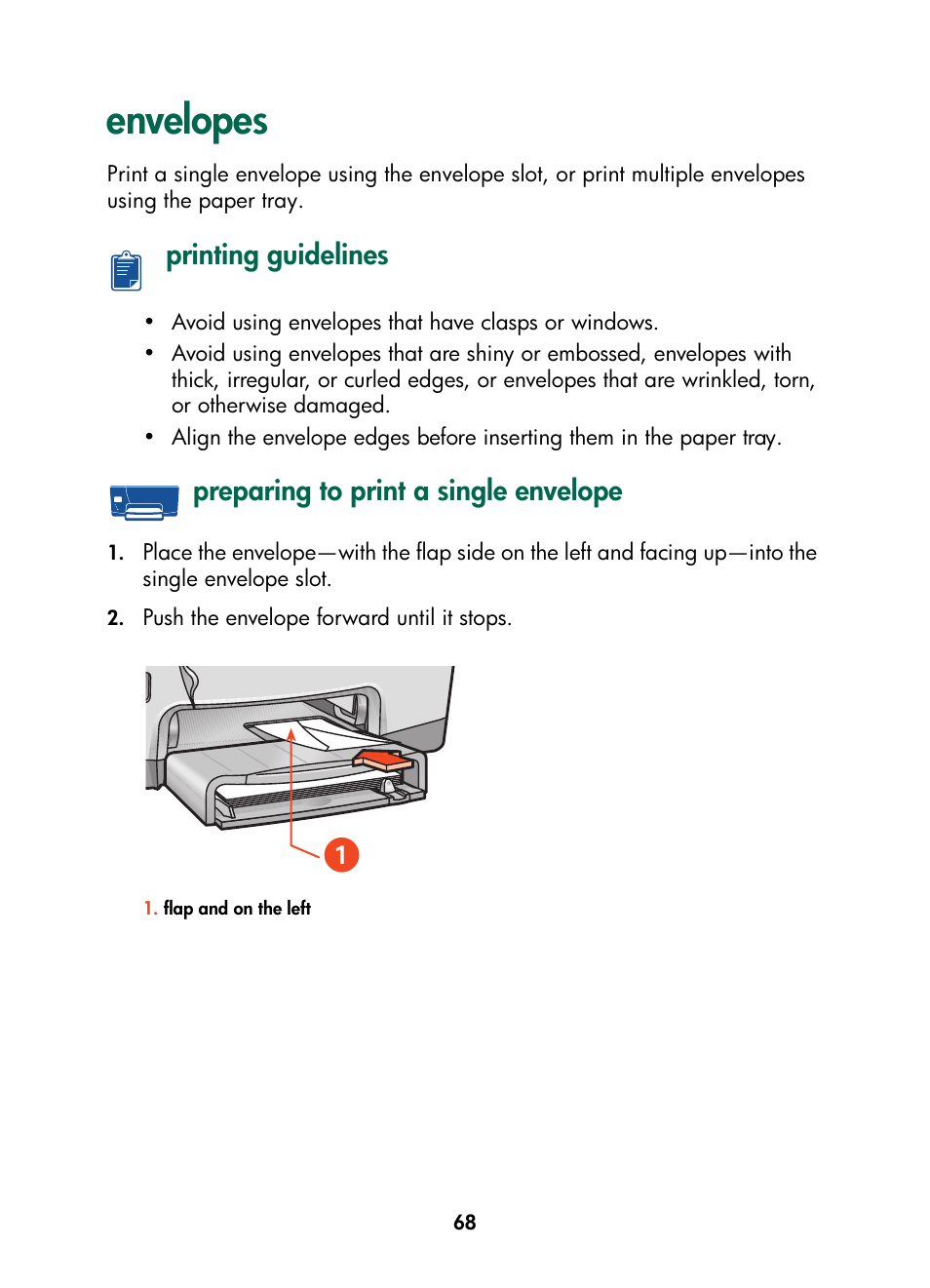 Envelopes, Printing guidelines, Preparing to print a single envelope | HP Color Inkjet cp1160 Printer series User Manual | Page 76 / 216