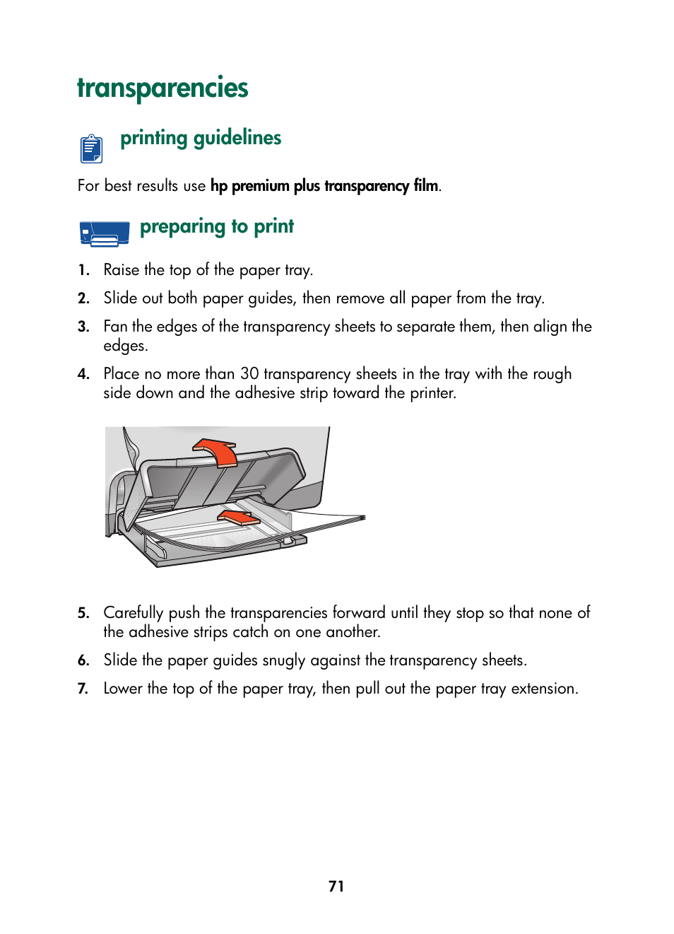 Transparencies, Printing guidelines, Preparing to print | Printing guidelines preparing to print | HP Color Inkjet cp1160 Printer series User Manual | Page 79 / 216