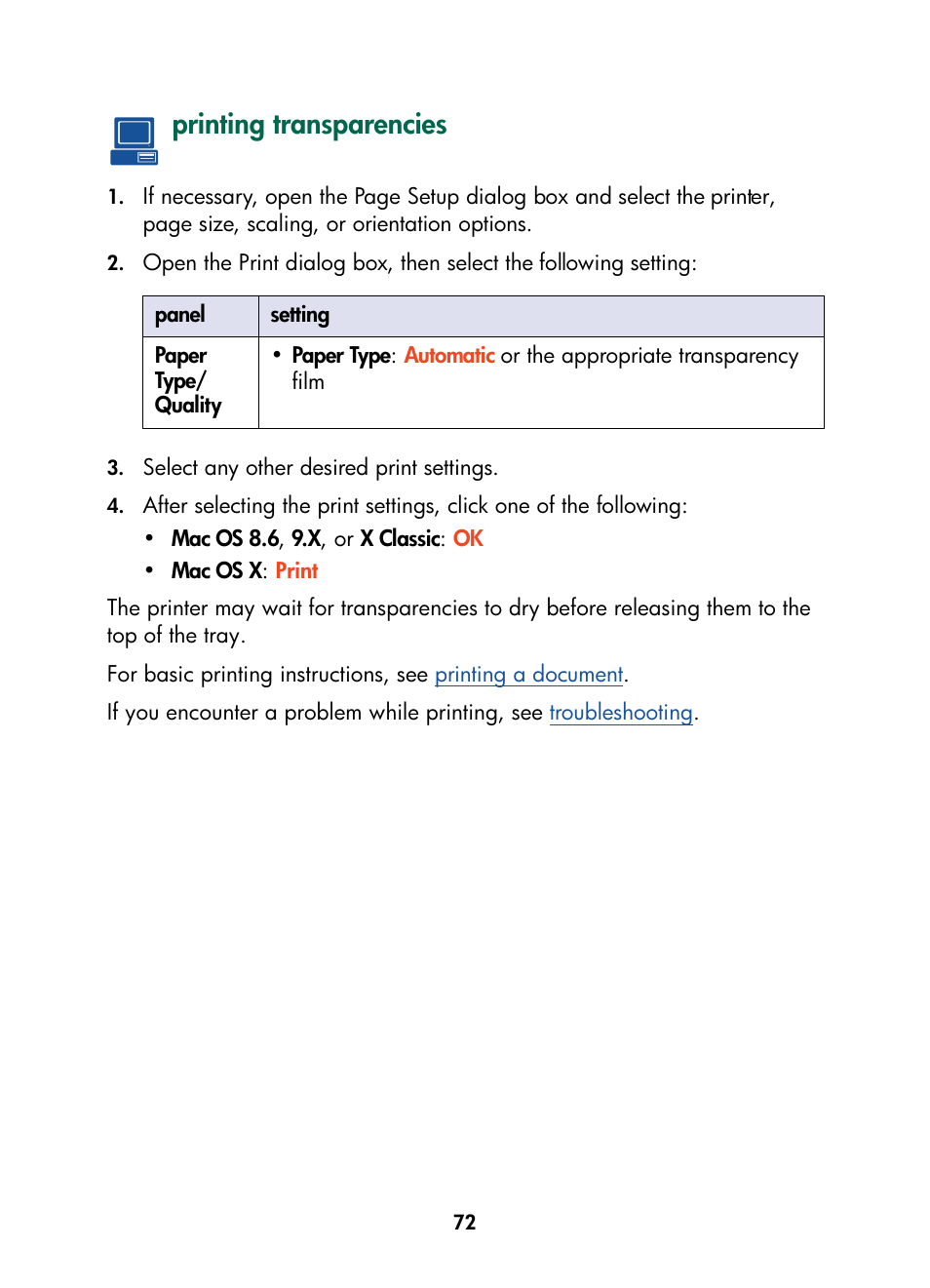 Printing transparencies | HP Color Inkjet cp1160 Printer series User Manual | Page 80 / 216