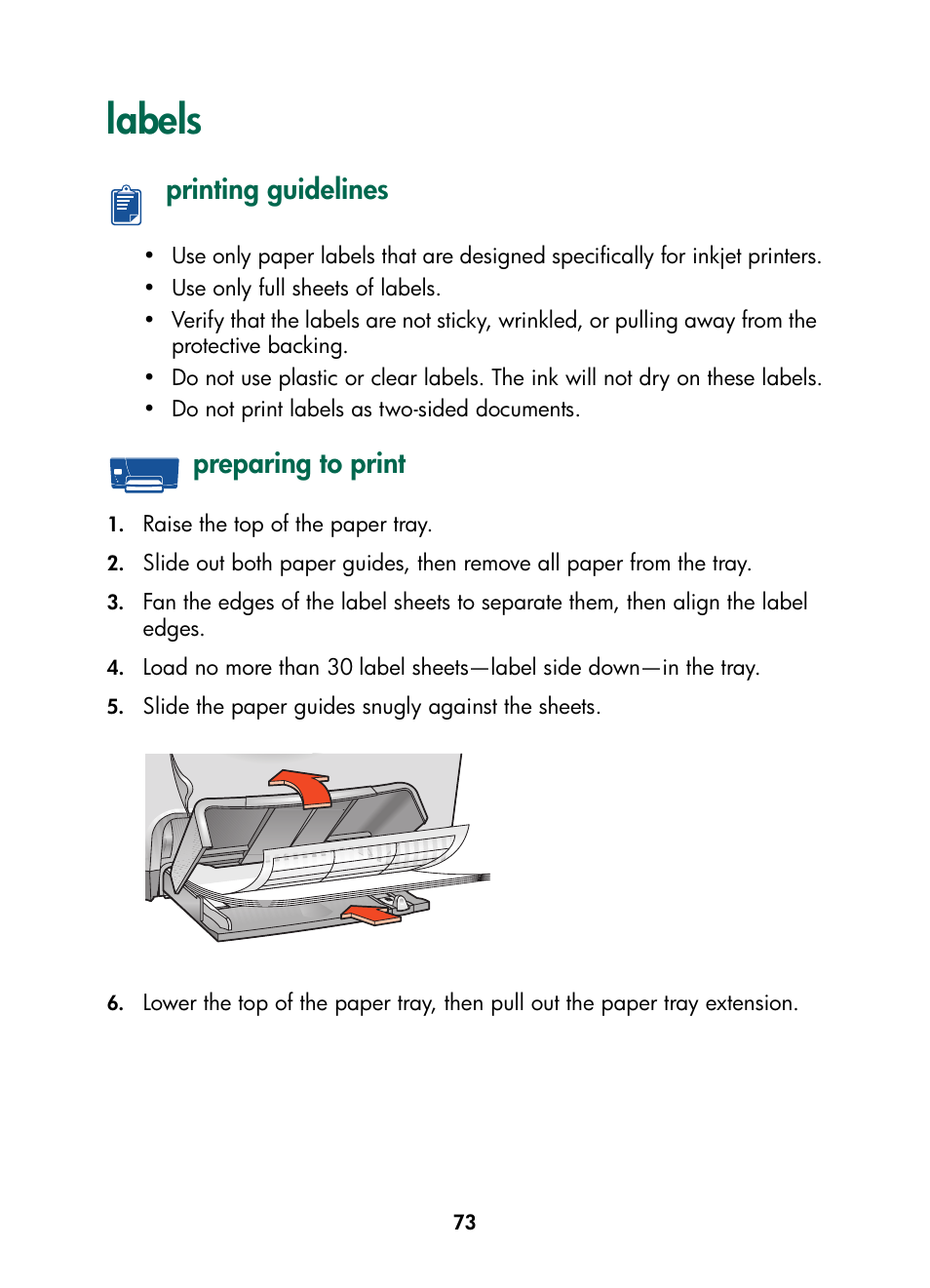Labels, Printing guidelines, Preparing to print | Printing guidelines preparing to print | HP Color Inkjet cp1160 Printer series User Manual | Page 81 / 216
