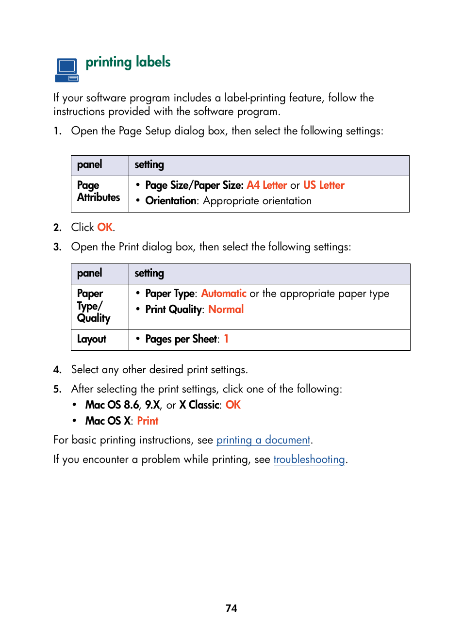 Printing labels | HP Color Inkjet cp1160 Printer series User Manual | Page 82 / 216