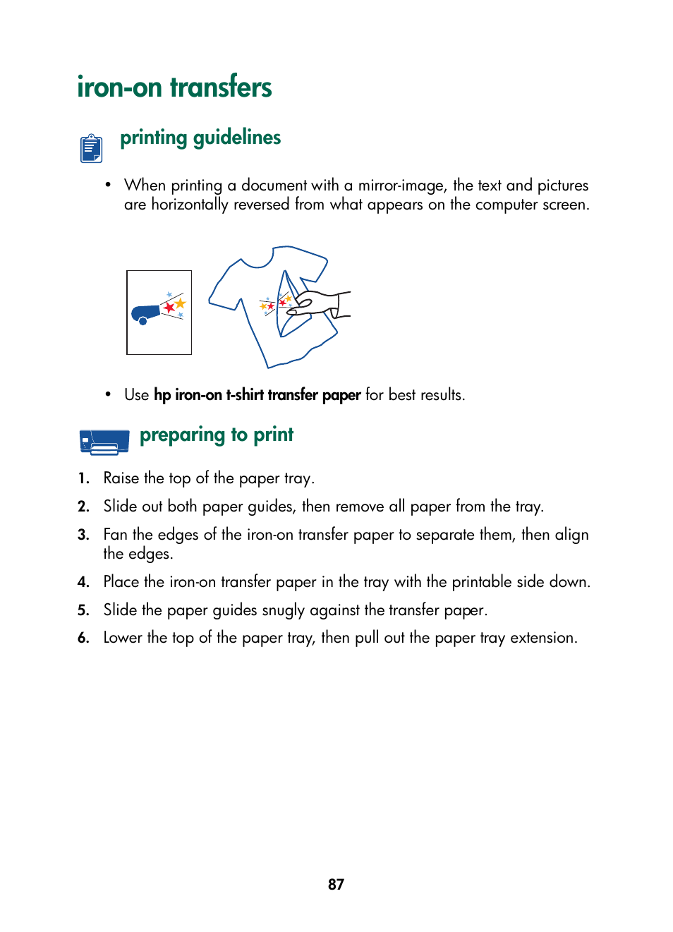 Iron-on transfers, Printing guidelines, Preparing to print | Printing guidelines preparing to print | HP Color Inkjet cp1160 Printer series User Manual | Page 95 / 216