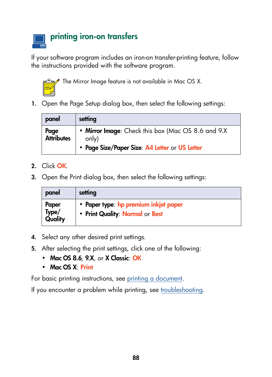 Printing iron-on transfers | HP Color Inkjet cp1160 Printer series User Manual | Page 96 / 216