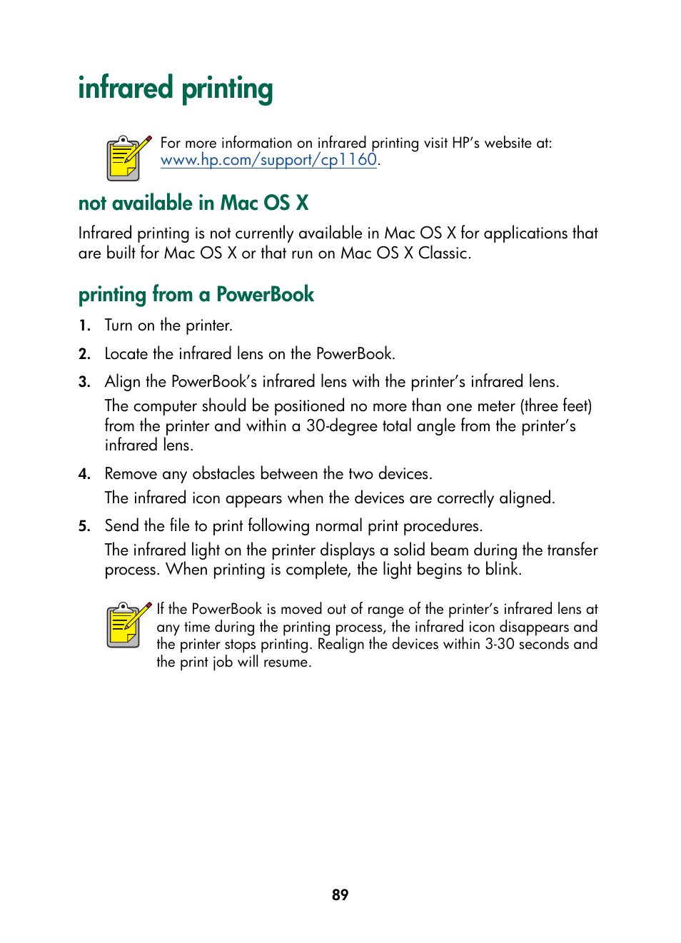 Infrared printing, Not available in mac os x, Printing from a powerbook | HP Color Inkjet cp1160 Printer series User Manual | Page 97 / 216