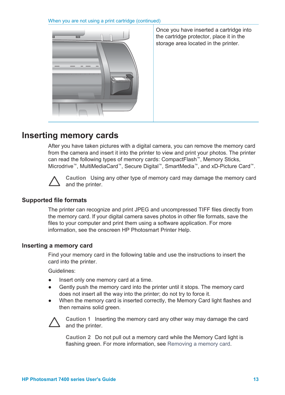 Inserting memory cards, Supported file formats, Inserting a memory card | HP Photosmart 7450 Photo Printer User Manual | Page 15 / 51