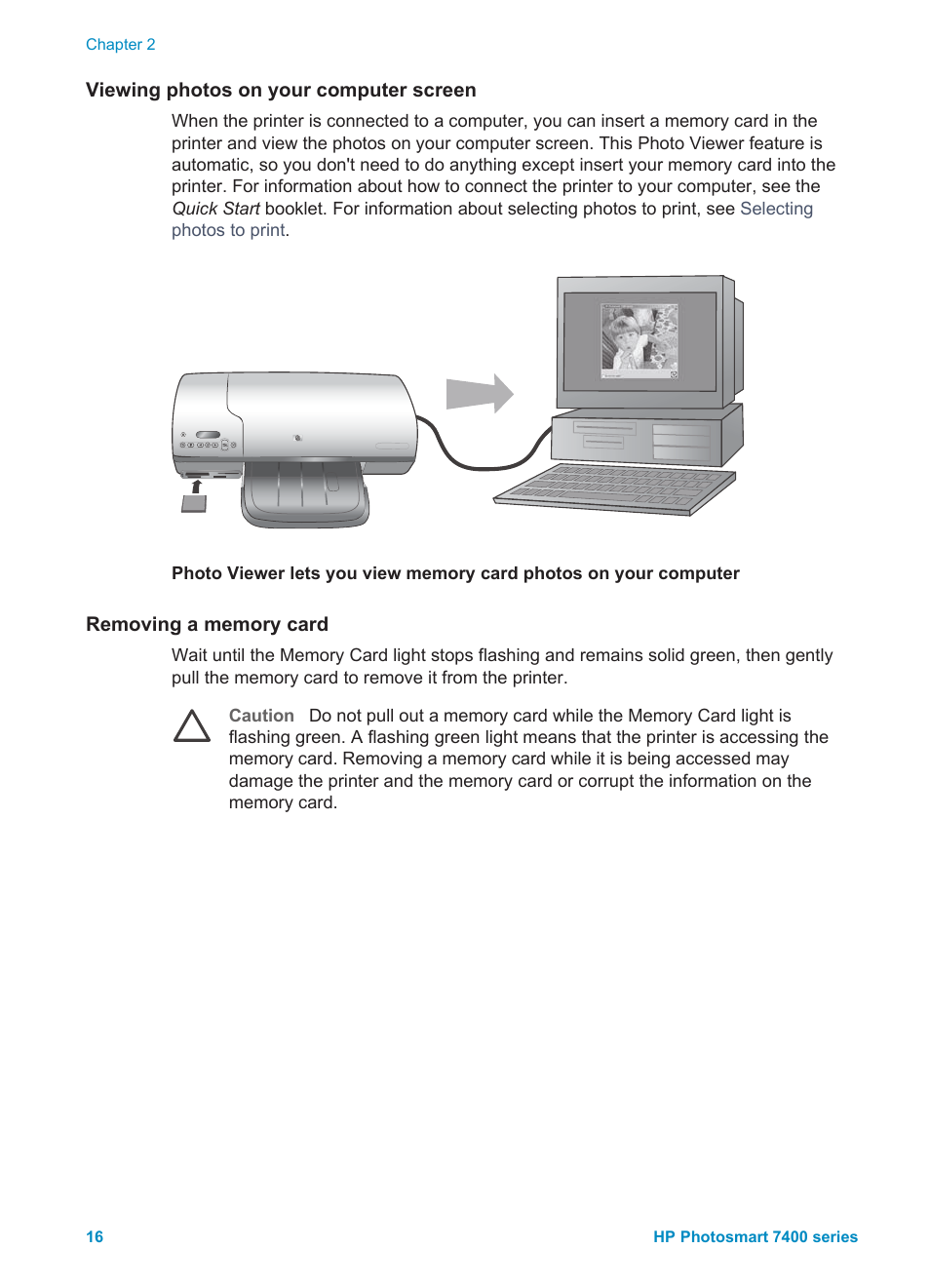 Viewing photos on your computer screen, Removing a memory card | HP Photosmart 7450 Photo Printer User Manual | Page 18 / 51