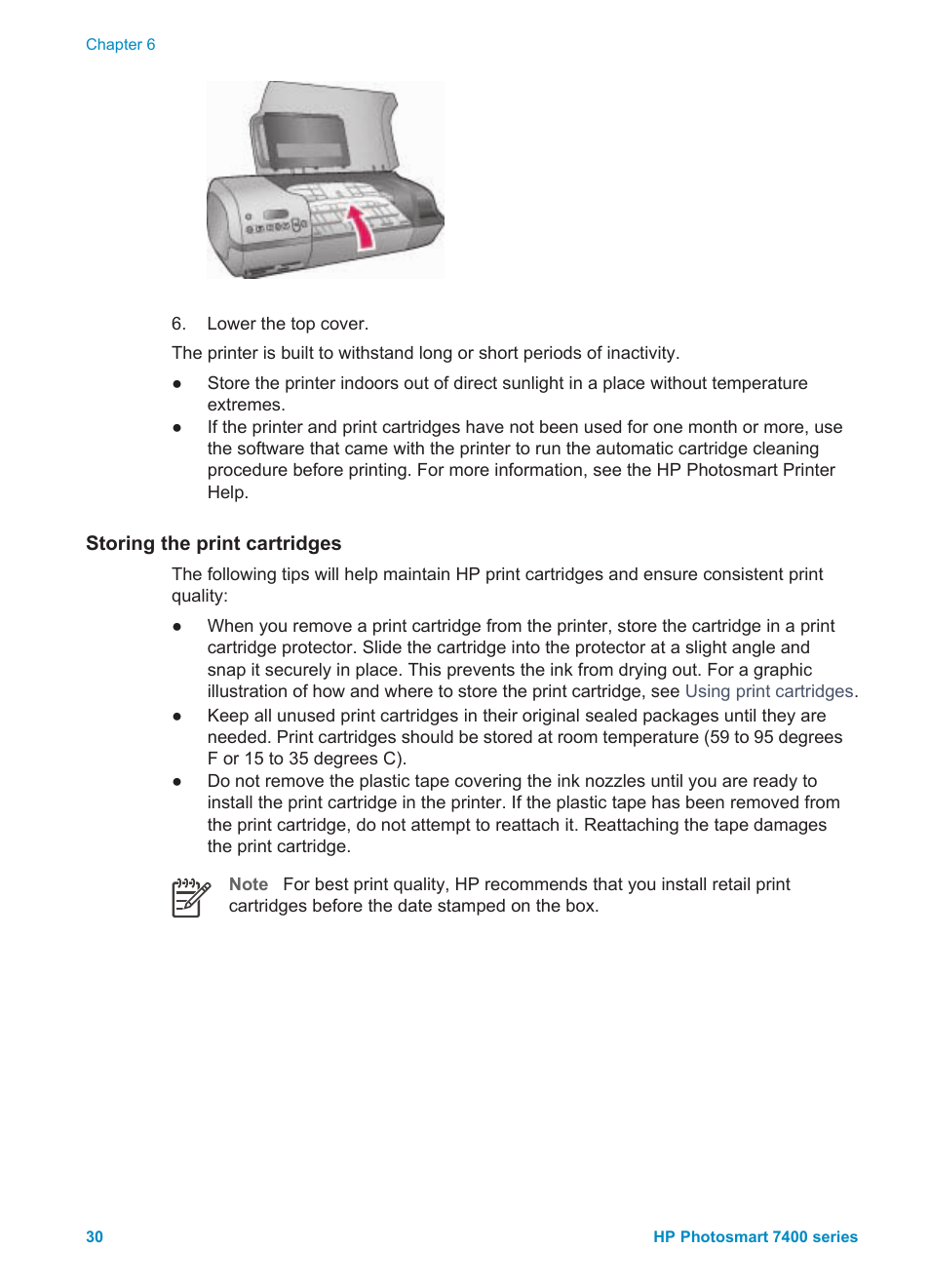 Storing the print cartridges | HP Photosmart 7450 Photo Printer User Manual | Page 32 / 51