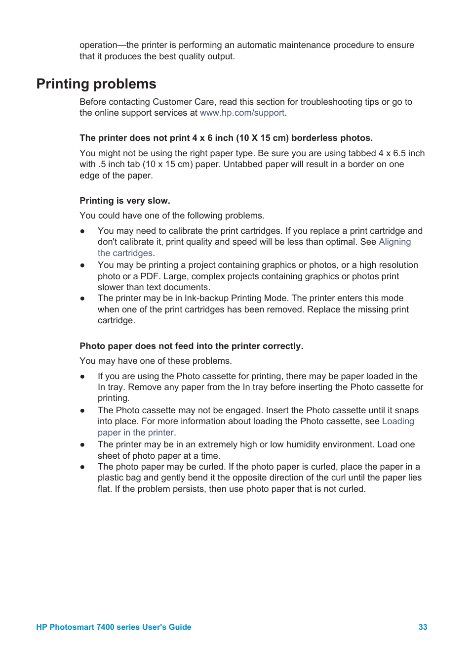 Printing problems | HP Photosmart 7450 Photo Printer User Manual | Page 35 / 51
