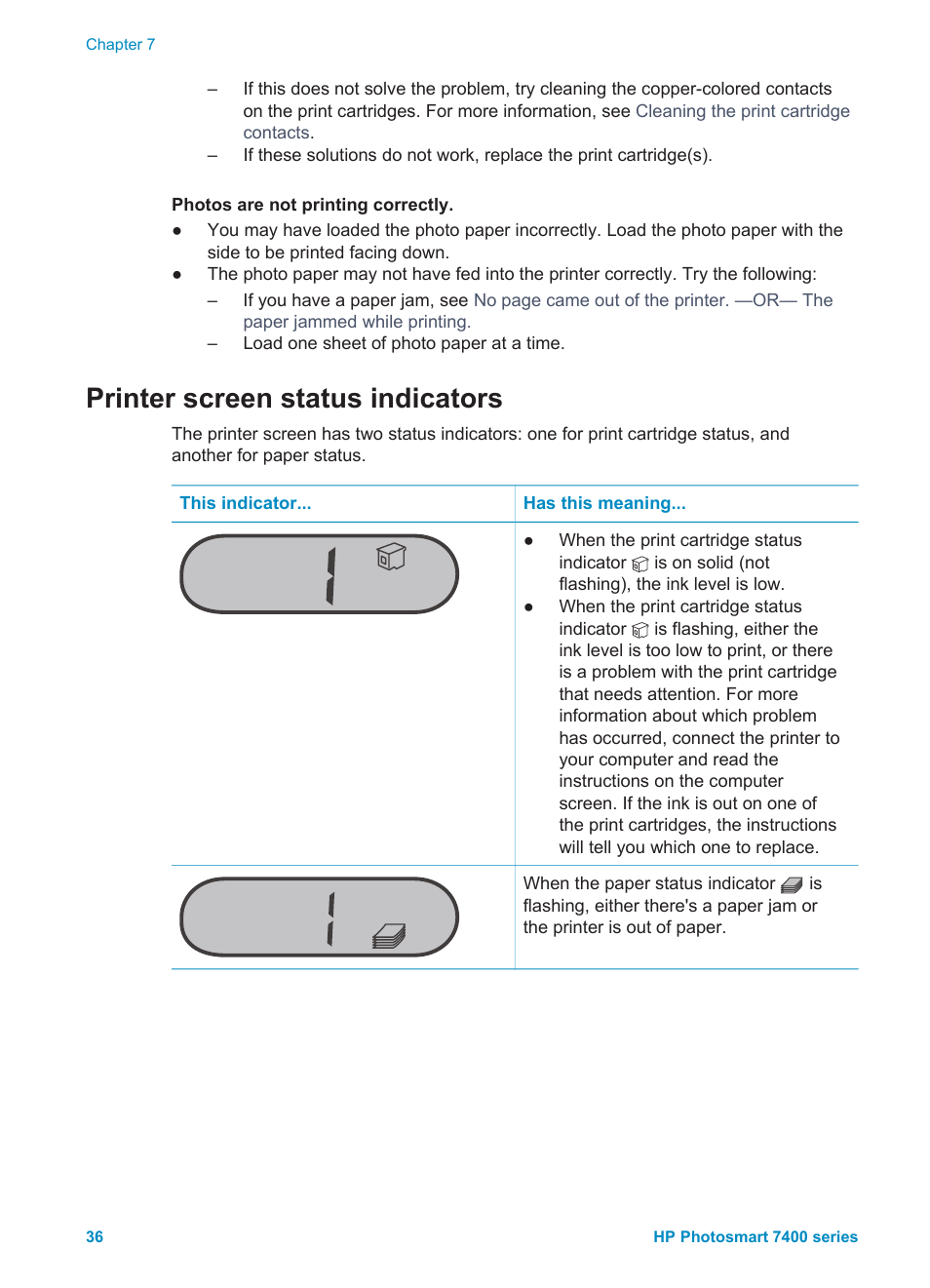 Printer screen status indicators | HP Photosmart 7450 Photo Printer User Manual | Page 38 / 51