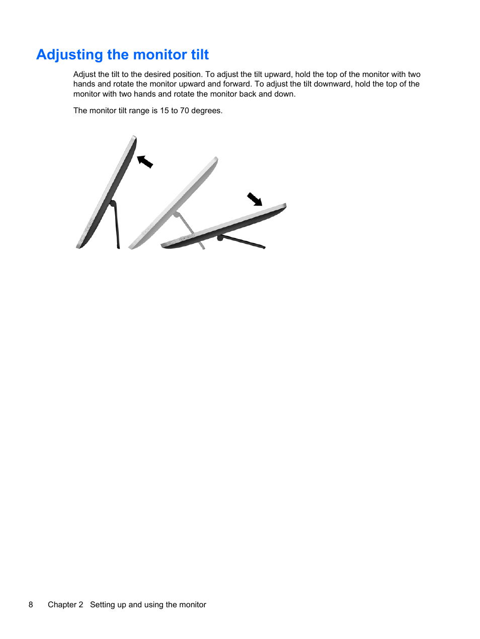 Adjusting the monitor tilt | HP EliteDisplay S230tm 23-inch Touch Monitor User Manual | Page 14 / 28