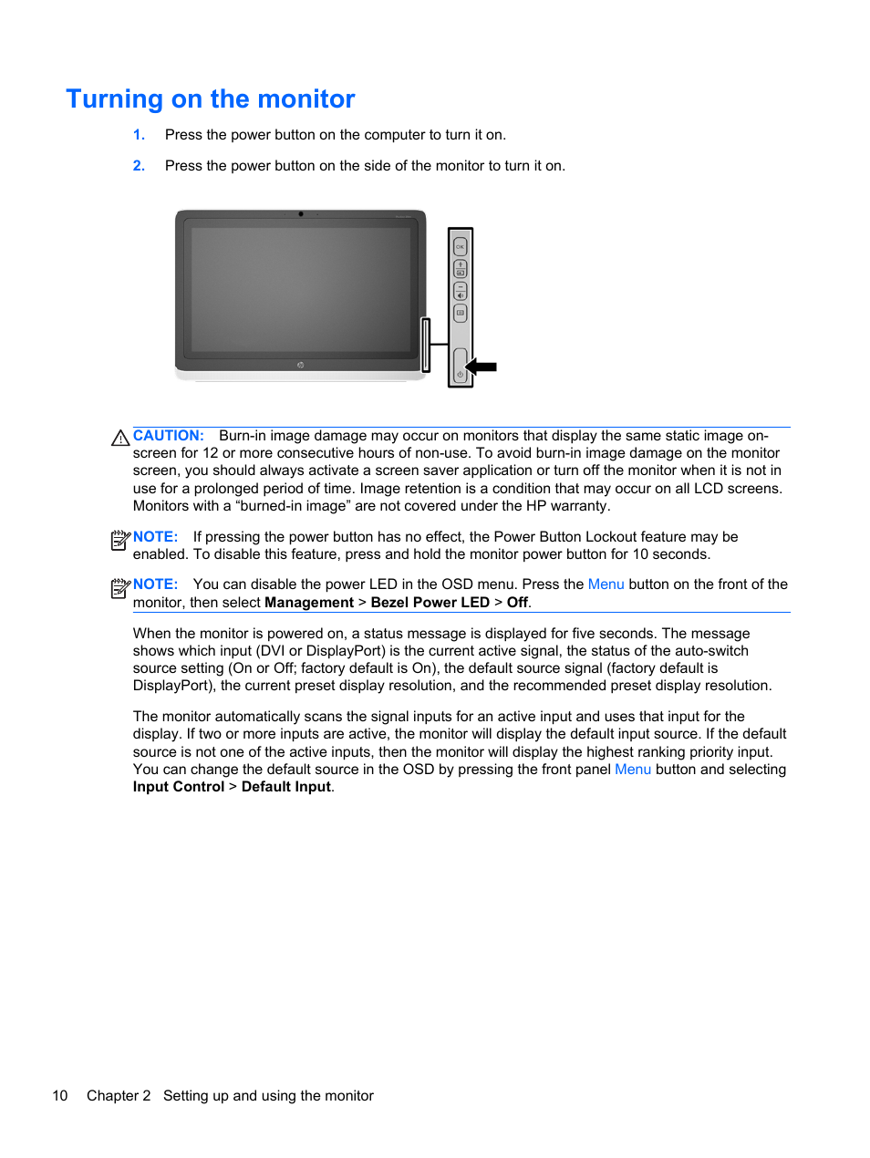 Turning on the monitor | HP EliteDisplay S230tm 23-inch Touch Monitor User Manual | Page 16 / 28