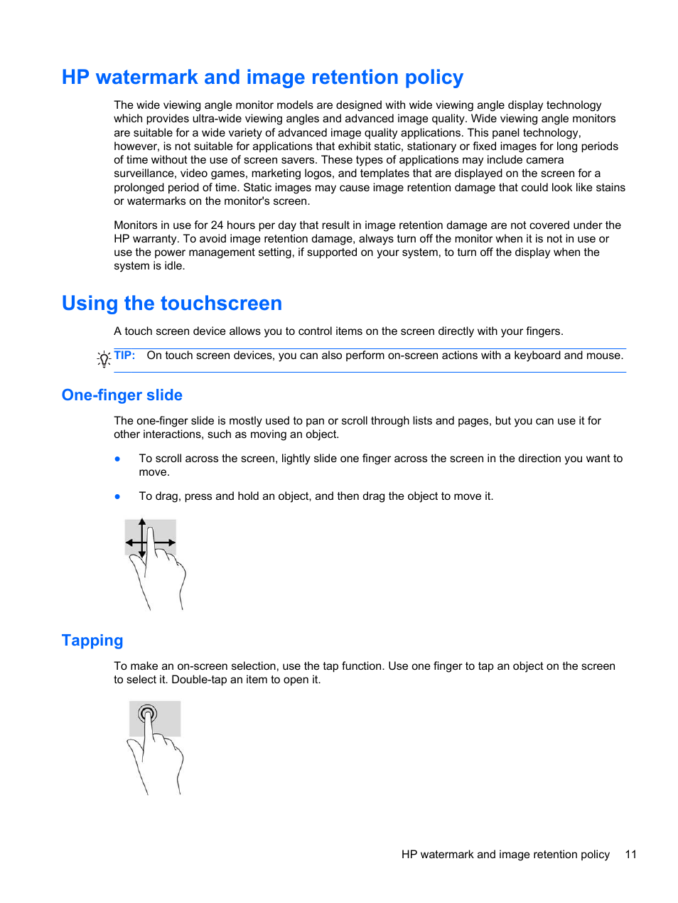 Hp watermark and image retention policy, Using the touchscreen, One-finger slide | Tapping, One-finger slide tapping | HP EliteDisplay S230tm 23-inch Touch Monitor User Manual | Page 17 / 28