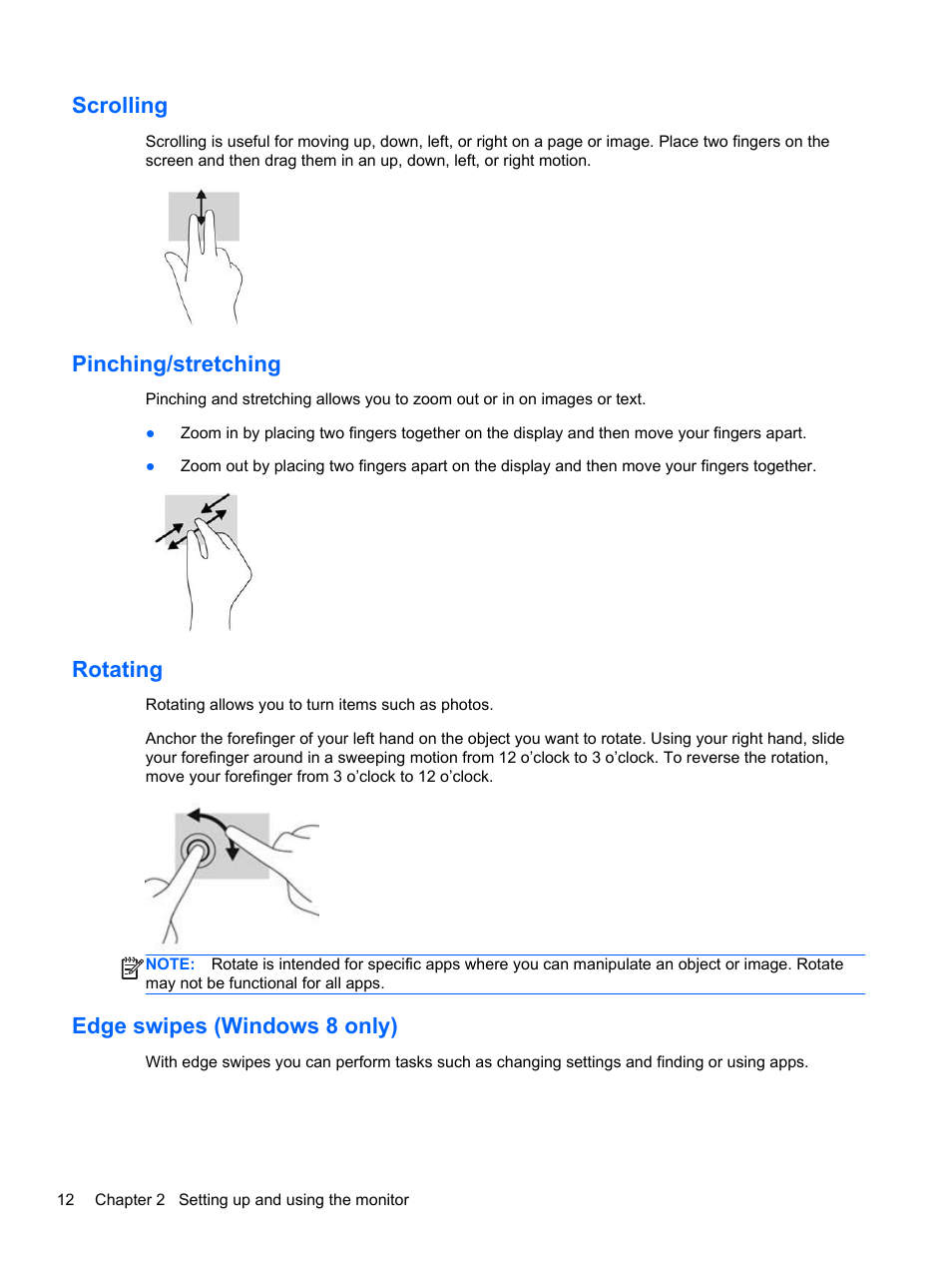 Scrolling, Pinching/stretching, Rotating | Edge swipes (windows 8 only) | HP EliteDisplay S230tm 23-inch Touch Monitor User Manual | Page 18 / 28