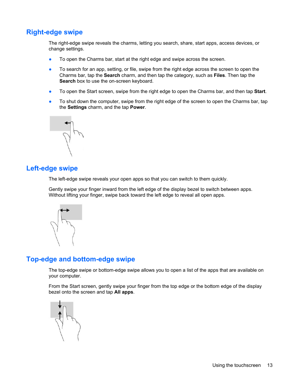 Right-edge swipe, Left-edge swipe, Top-edge and bottom-edge swipe | HP EliteDisplay S230tm 23-inch Touch Monitor User Manual | Page 19 / 28