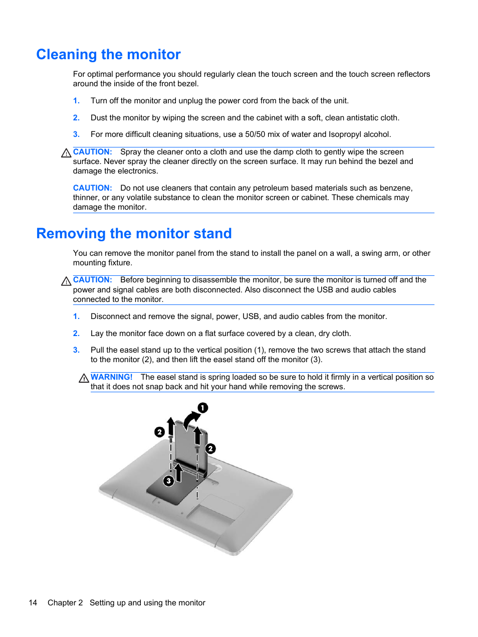 Cleaning the monitor, Removing the monitor stand, Cleaning the monitor removing the monitor stand | HP EliteDisplay S230tm 23-inch Touch Monitor User Manual | Page 20 / 28