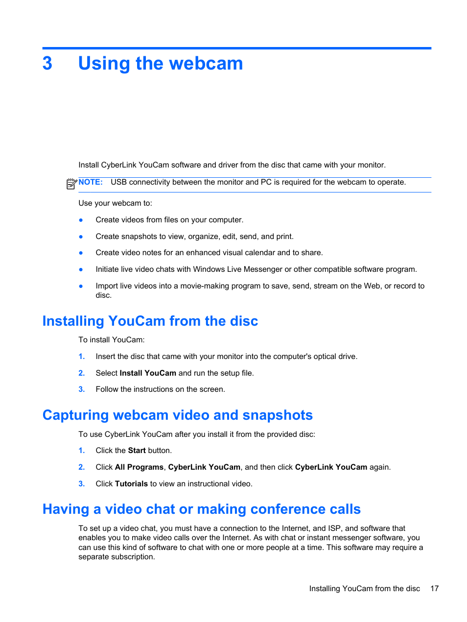 Using the webcam, Installing youcam from the disc, Capturing webcam video and snapshots | Having a video chat or making conference calls, 3 using the webcam, 3using the webcam | HP EliteDisplay S230tm 23-inch Touch Monitor User Manual | Page 23 / 28