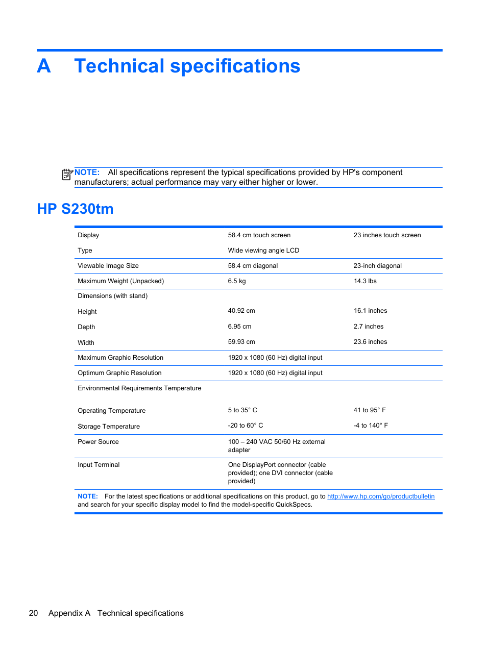 Technical specifications, Hp s230tm, Appendix a technical specifications | Atechnical specifications | HP EliteDisplay S230tm 23-inch Touch Monitor User Manual | Page 26 / 28
