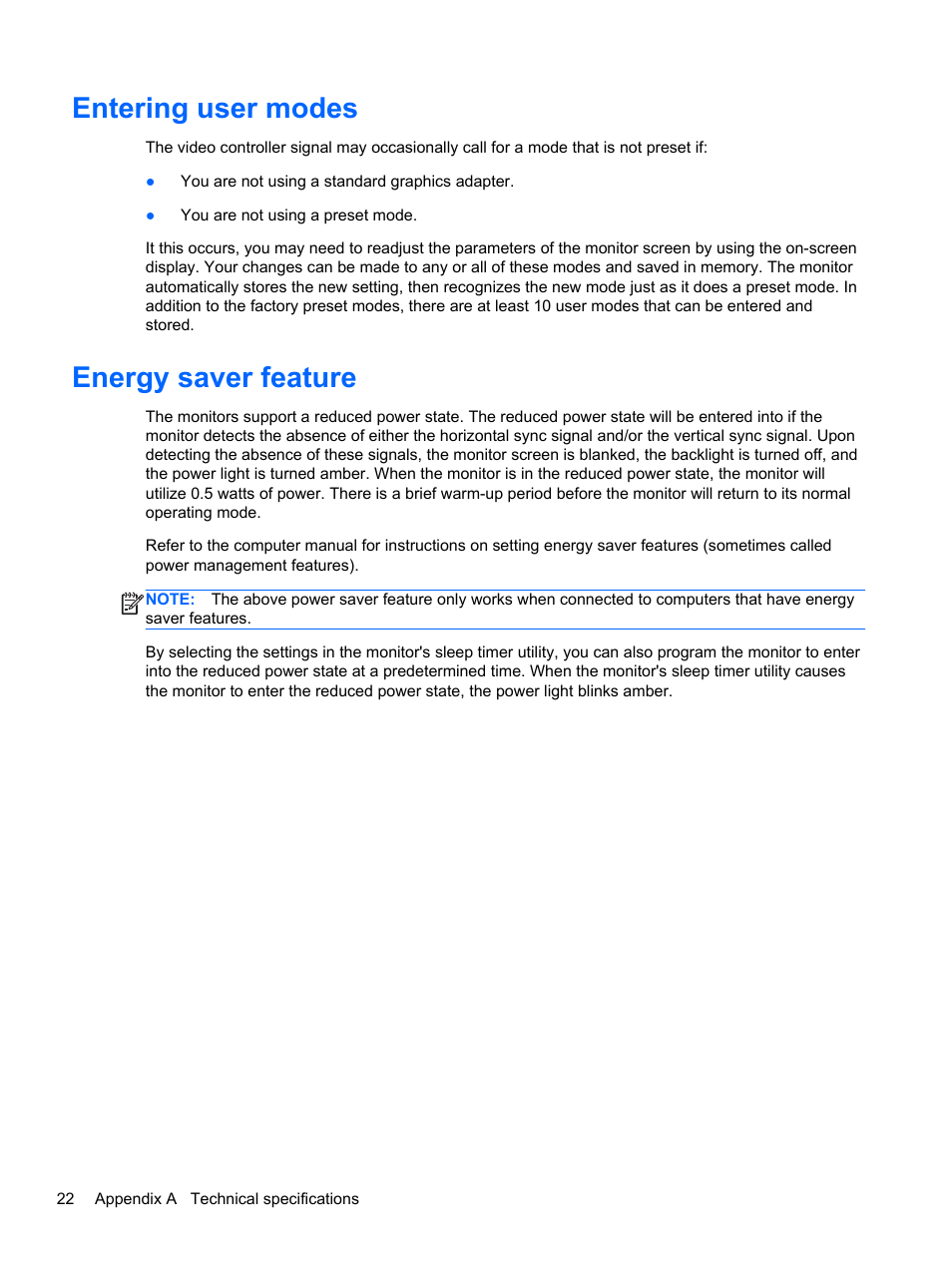 Entering user modes, Energy saver feature, Entering user modes energy saver feature | HP EliteDisplay S230tm 23-inch Touch Monitor User Manual | Page 28 / 28